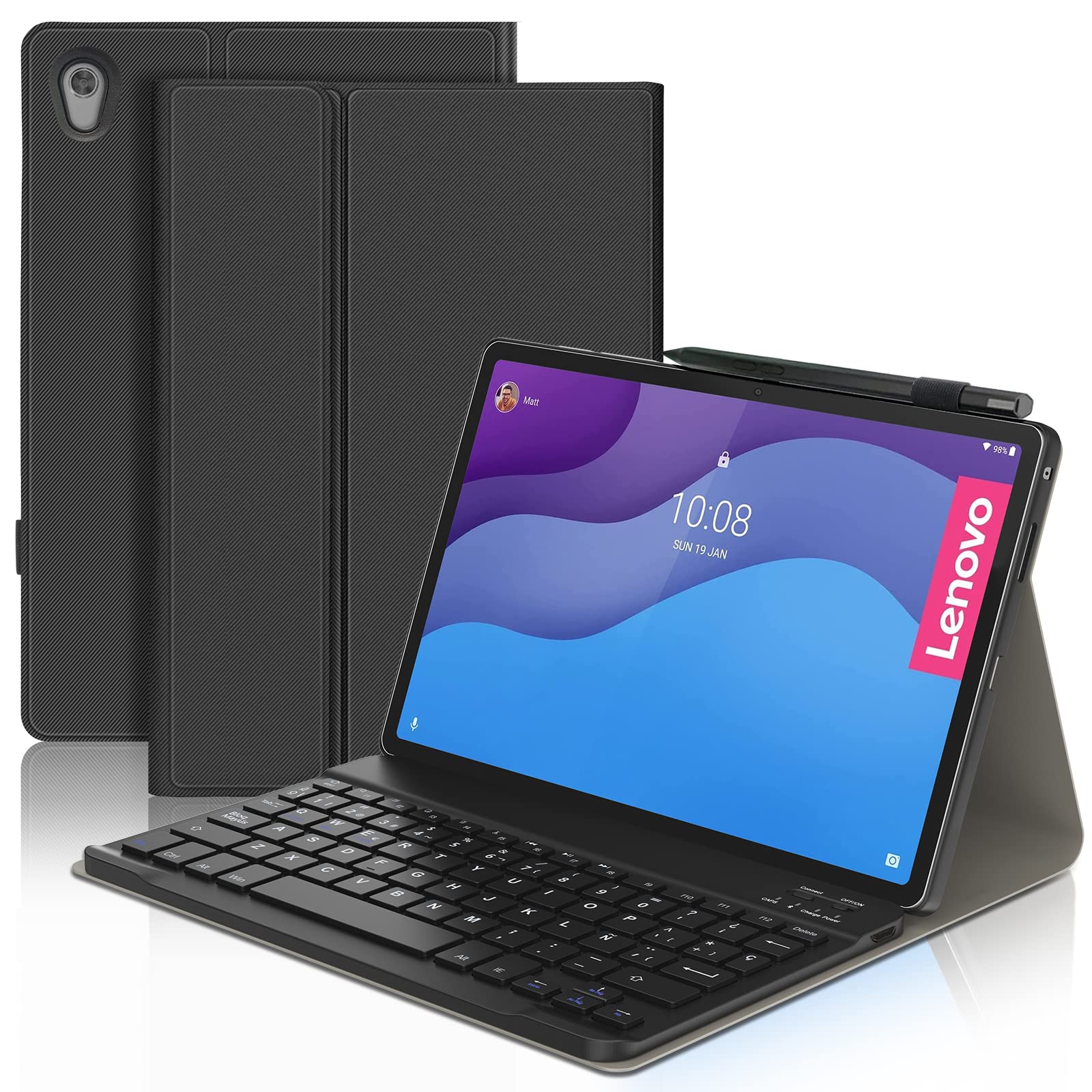 IVEOPPE Funda con Teclado para Lenovo Tab M10 HD 2ª Gén 10.1" TB-X306X/X306F 2020, Diseño Español Ñ QWERTY, Cover Teclado Desmontable Inalámbrico Bluetooth con Ranura de Lápiz, Negro