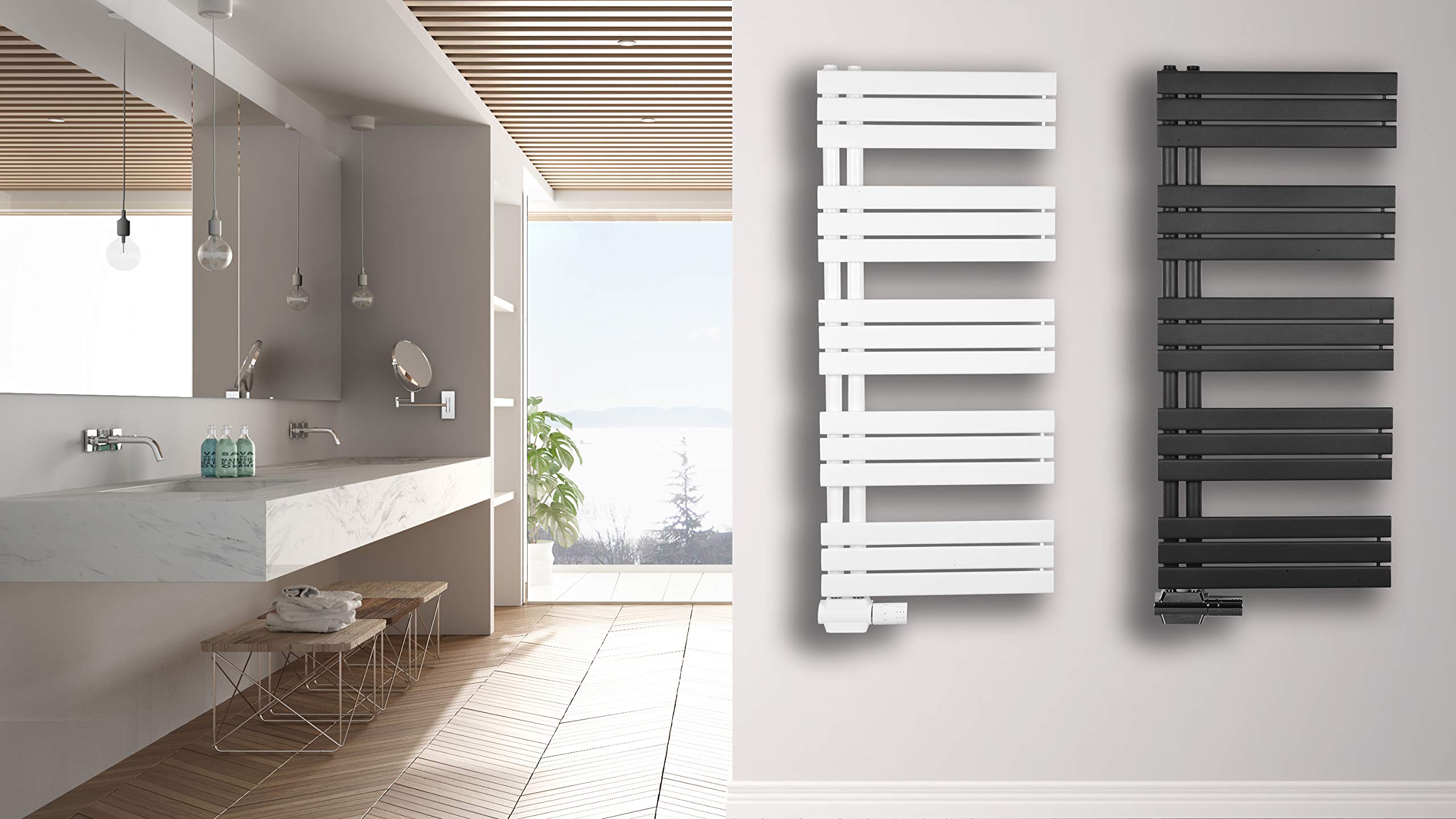 MC Heat grzejnik łazienkowy, 500 x 1400 mm, biały podgrzewacz na ręczniki, z przesuniętym przyłączem środkowym, elegancki grzejnik panelowy, montaż z obu stron