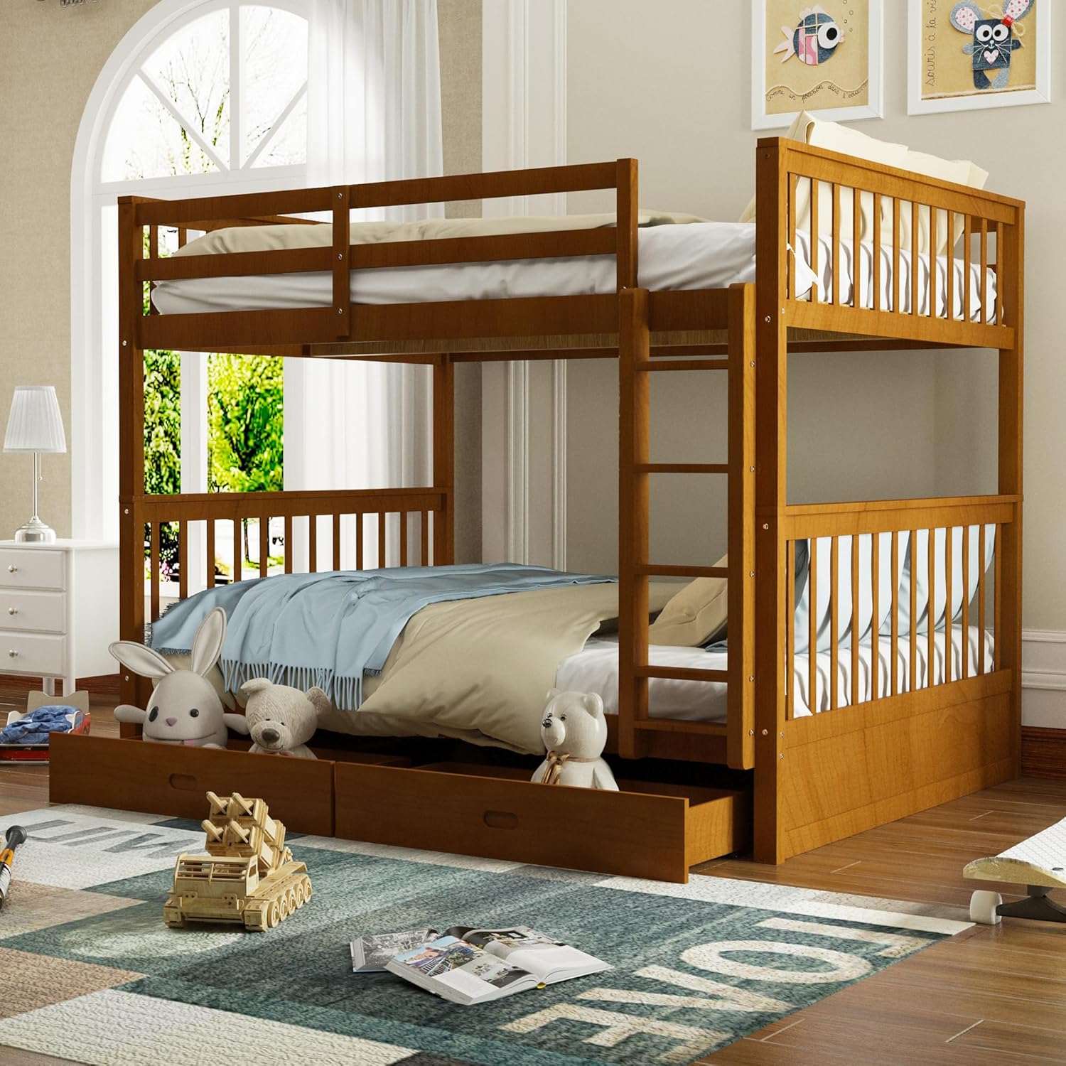 Merax Full Over Full Size Wood Bunk Bed with Drawers,Convertible Bunk Bed with Ladders and Two Storage Drawers,Solid Wood Detachable Bed Frame with Ladders, Walnut Full over Full Walnut