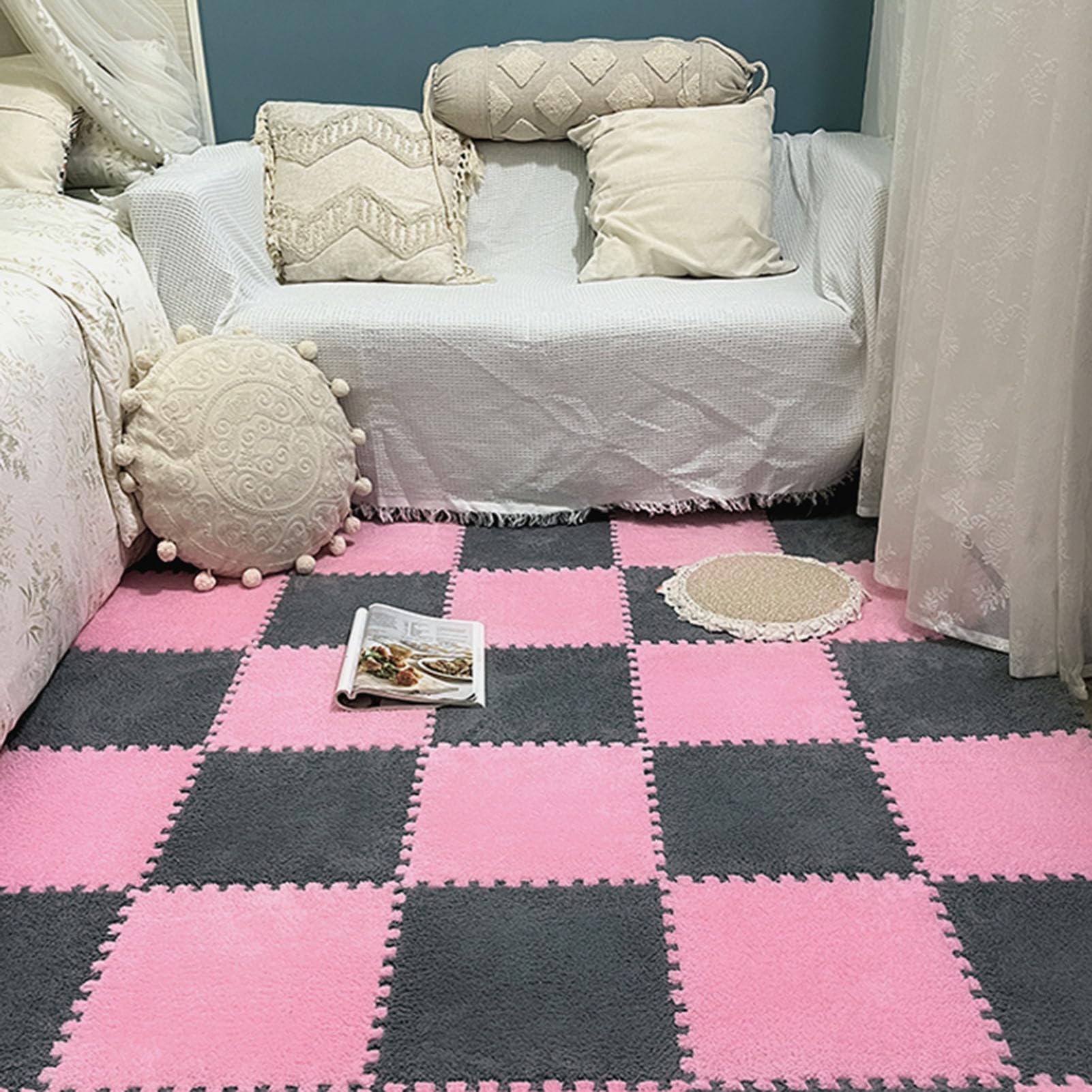 HGOuhKPlüsch-Puzzle-Schaum-Bodenmatte 36-teilige Schaumstoff-Puzzlematte, quadratischer ineinandergreifender Shaggy-Teppich, zuschneidbare Matte, rutschfeste ineinandergreifende Matte Ineinandergreife
