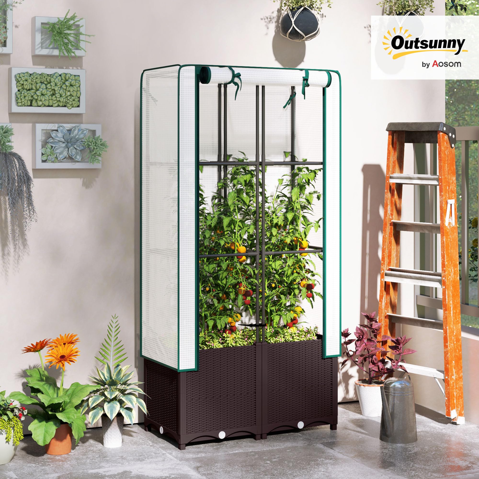 Outsunny Jardinière surélevée avec treillis, jardinière en plastique avec couvercle en polyéthylène, trous de drainage, bouchons de vidange et réservoirs d'eau pour plantes grimpantes, légumes, fleurs