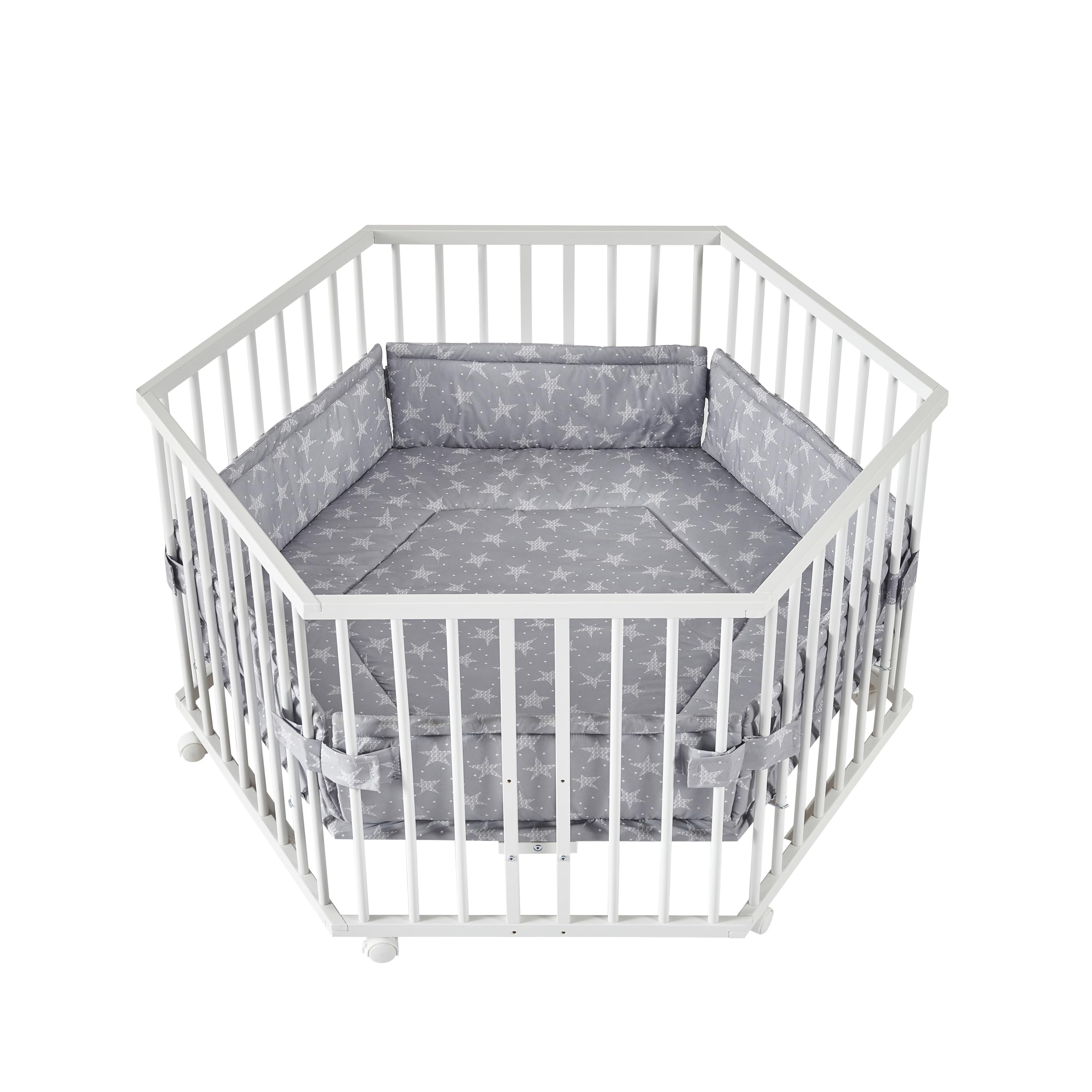 Laufgitter Laufstall 6-eckig Baby Krabbelgitter inkl. Stoffeinlage 3-fach höhenverstellbar WEISS 5230402