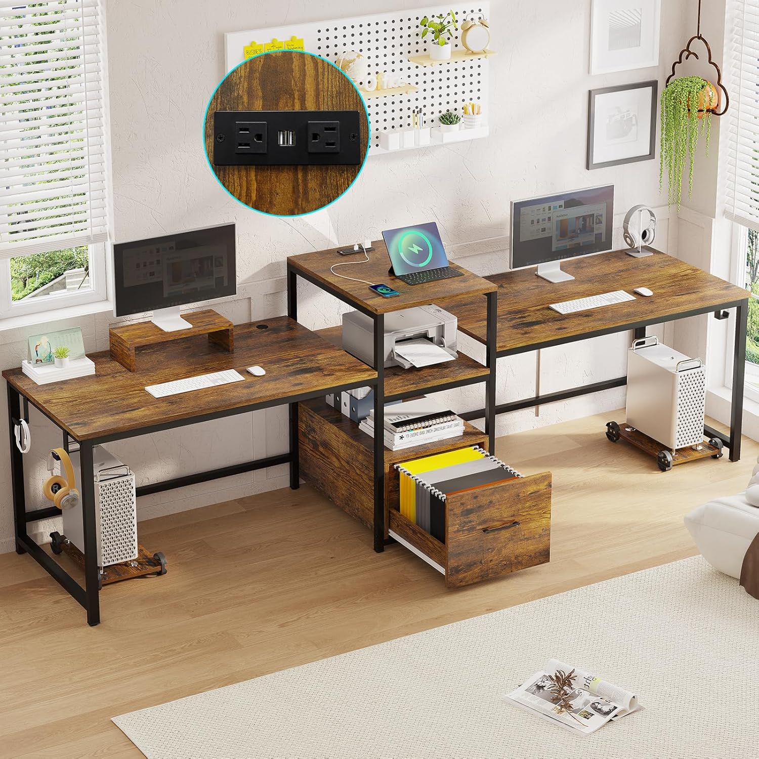 Sedeta Two Person Desk with Storage Shelves, 98 Inch Extra Long Double ...