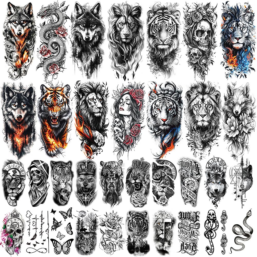 MAYCREATE® 34 Sheets Temporary Tattoo Sticker For Men Black Tattoo Stickers Beast on Arm Waterproof Large Tattoos Sticker Set