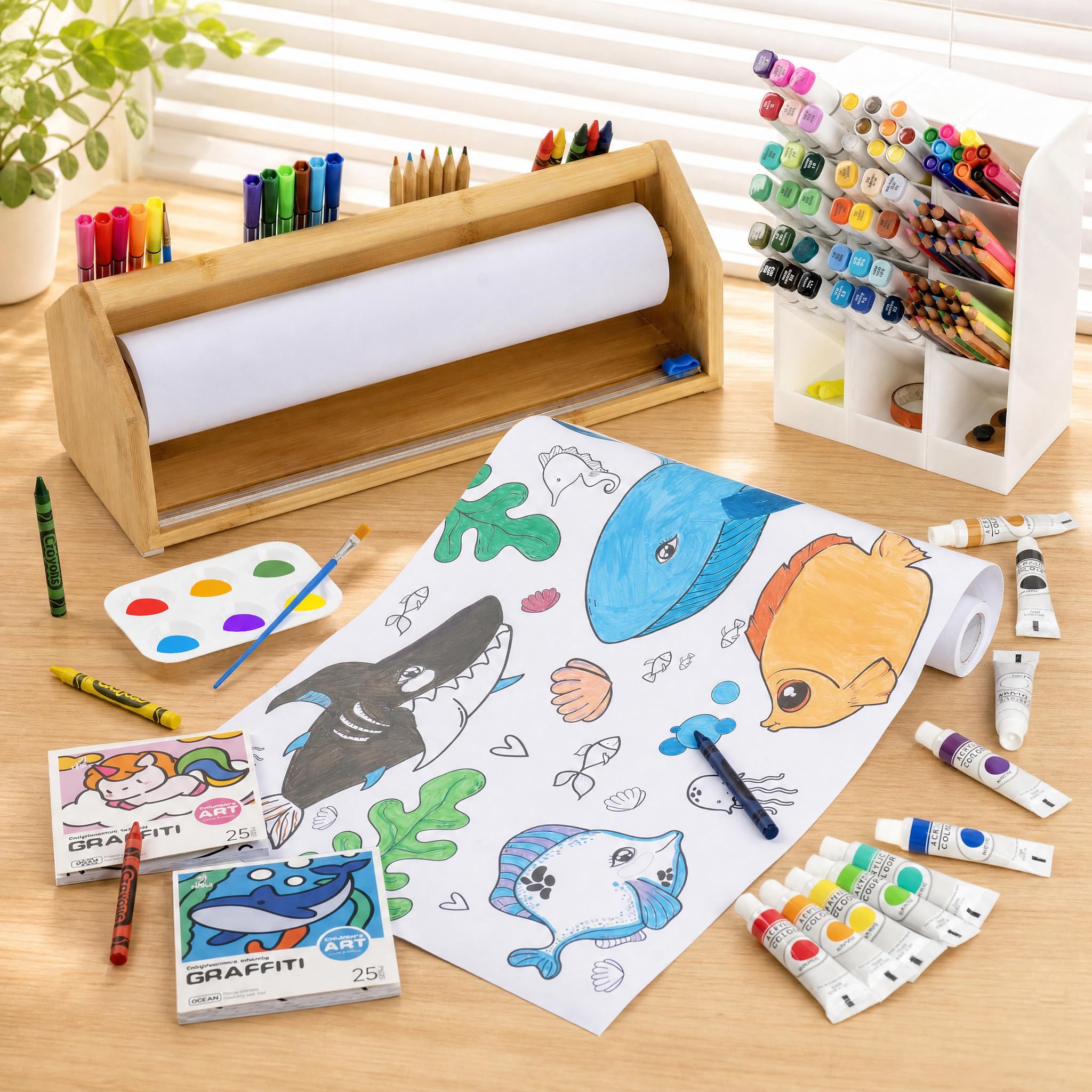 Kinder Staffelei mit Papierrolle – 36-teiliges Malset, Hölzerne Staffelei mit rutschfester Malunterlage, inklusive Malpapier, Pinsel & Farben, geeignet für Kinder ab 3 Jahren