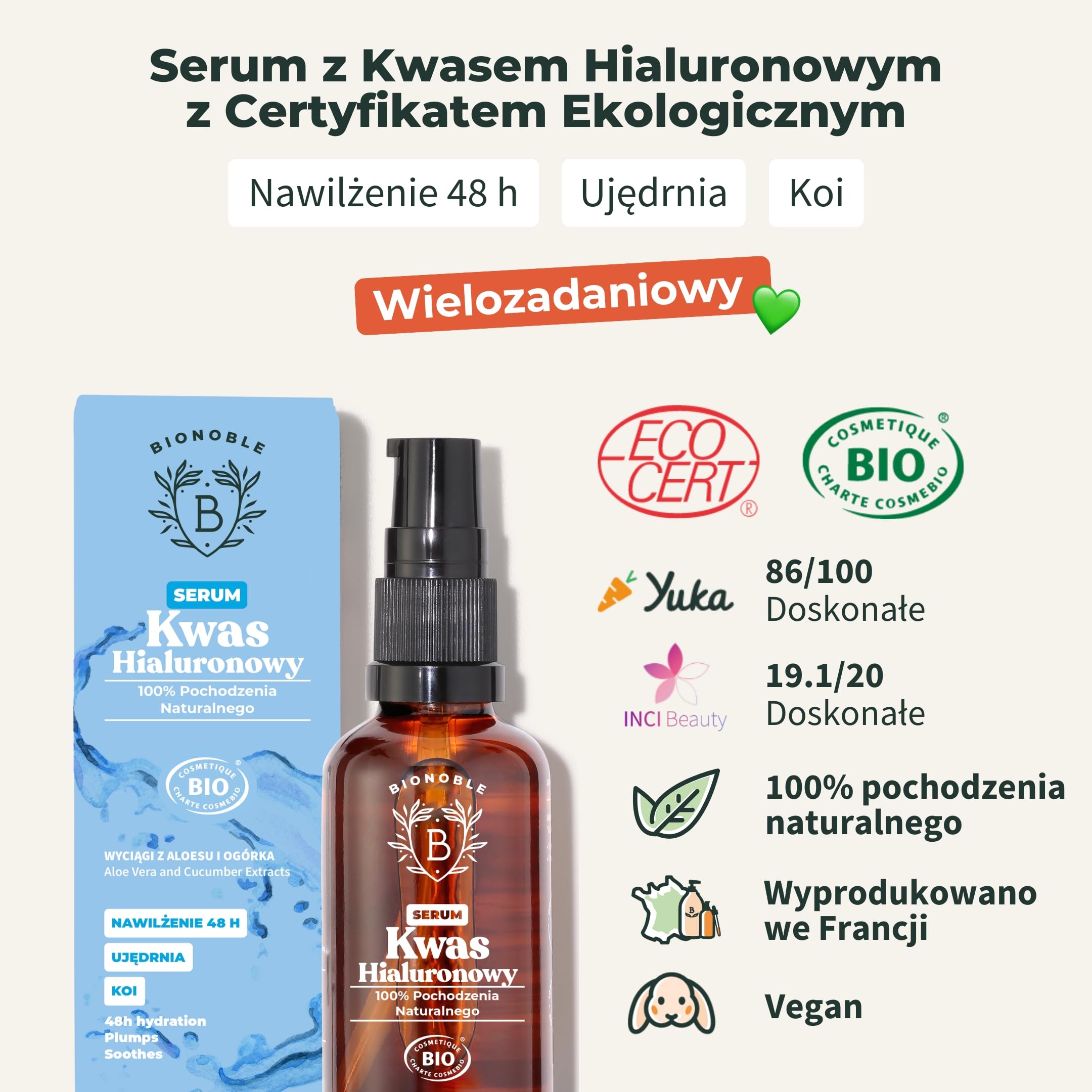 BIONOBLE Serum do Twarzy z Kwasem Hialuronowym Certyfikowane Bio - Nawilżająca Pielęgnacja Przeciwstarzeniowa z Aloesem - Szklana Butelka z Pompka - Wyprodukowano we Francji - 100ml