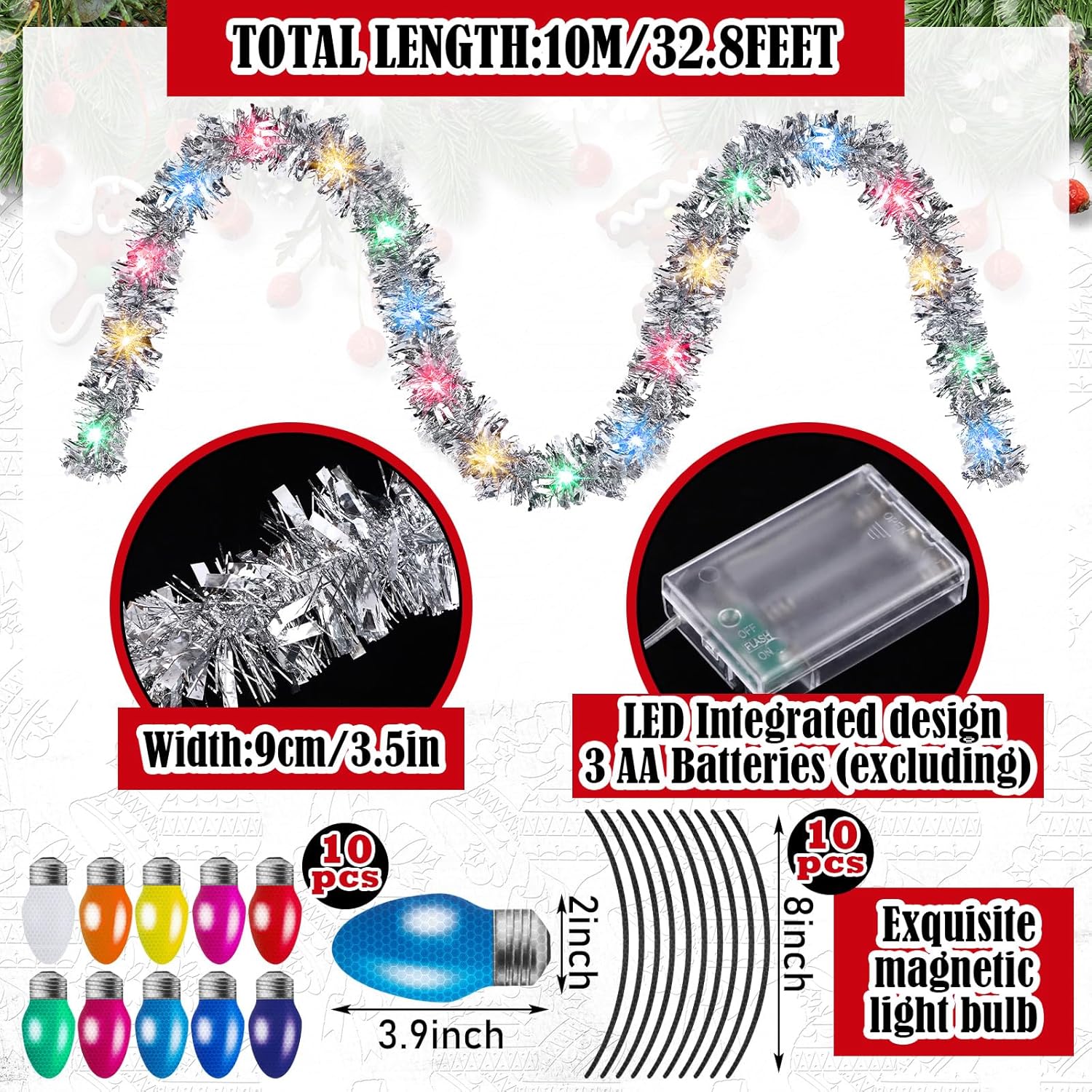 Chunful 14 Pcs Christmas Golf Cart Decorations Kit Include Seat Covers Christmas Wreath 33ft Colorful Silver Ribbon LED Light Strip 10 Light Bulb Car Magnet Decorations for Holiday Parade Decoration