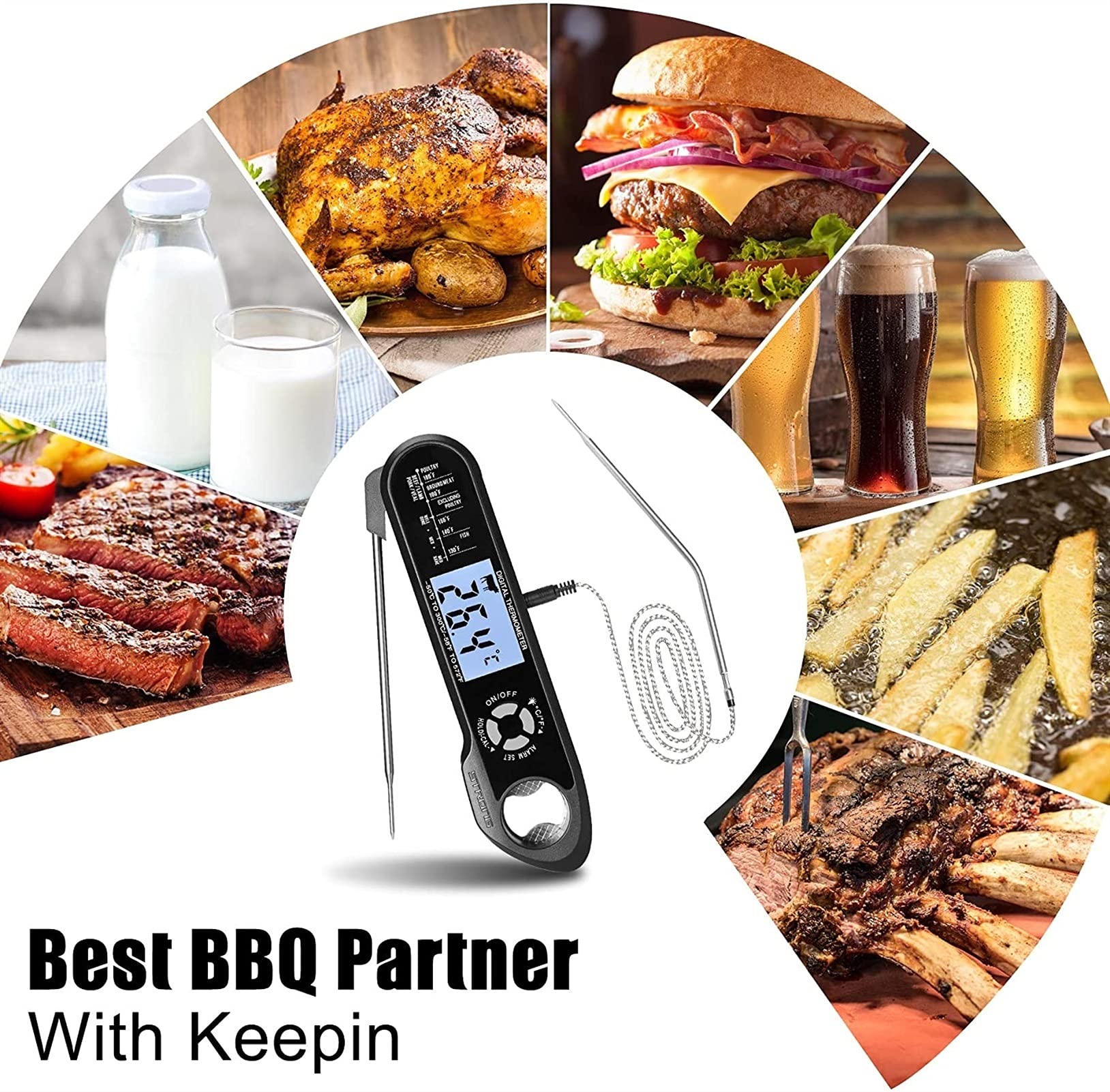 XMING Termómetro de Carne Digital Lectura instantánea Fuera - Termómetro de Comida de Cocina Resistente al Agua para retroiluminación para Barbacoa A la Parrilla fumadora para Hornear Turquía