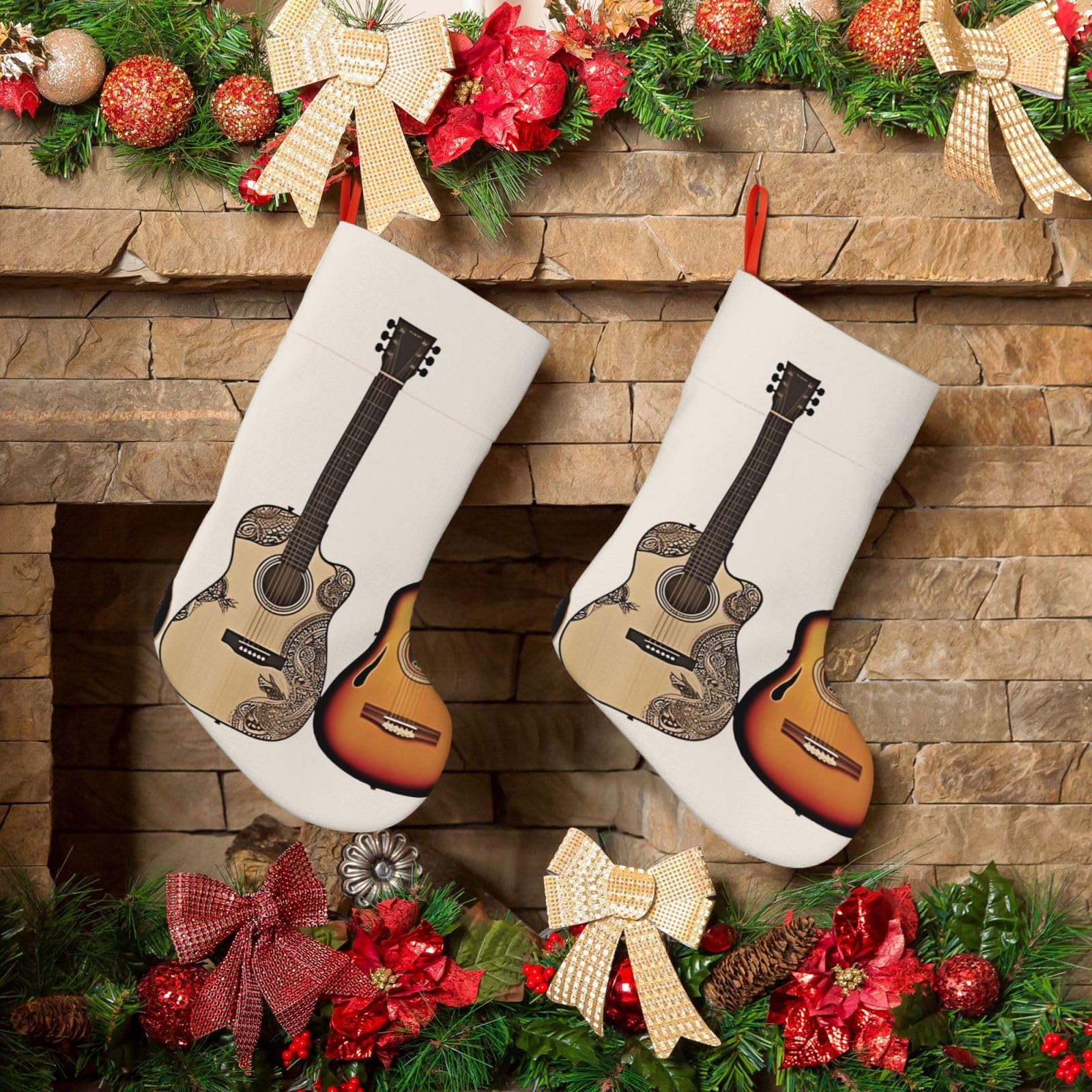KLOPH Christmas Stockings 18" Personalized Xmas Stocking Guitar Decoration Stocking Hanging Fireplace Stocking for Holiday Xmas Tree Christmas Fireplace Decor