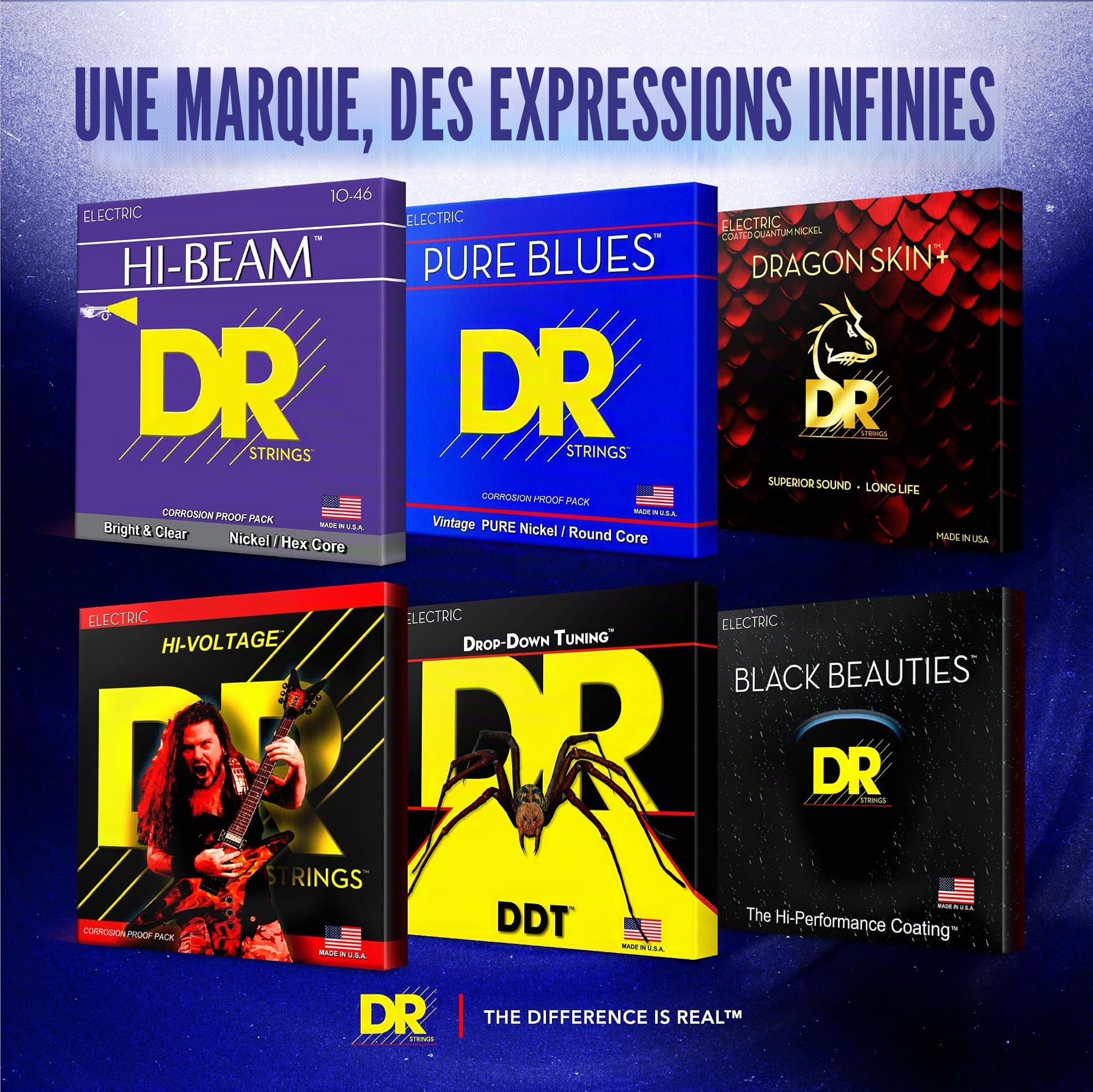 DR Strings PHR-10 Pure Blues Lot de 3 cordes pour guitare électrique 10-46, PHR-10-3PK