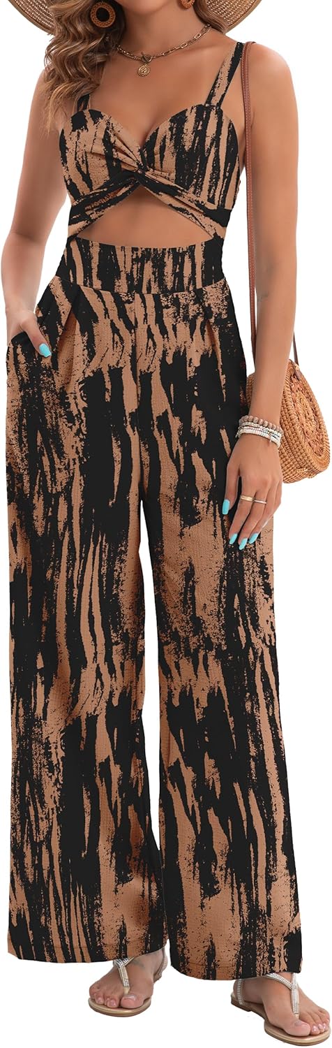 Womens Summer Jumpsuits Dressy Sexy V Neck Twist One Piece Outfits Sleeveless Casual Wide Leg Long Pant Rompers