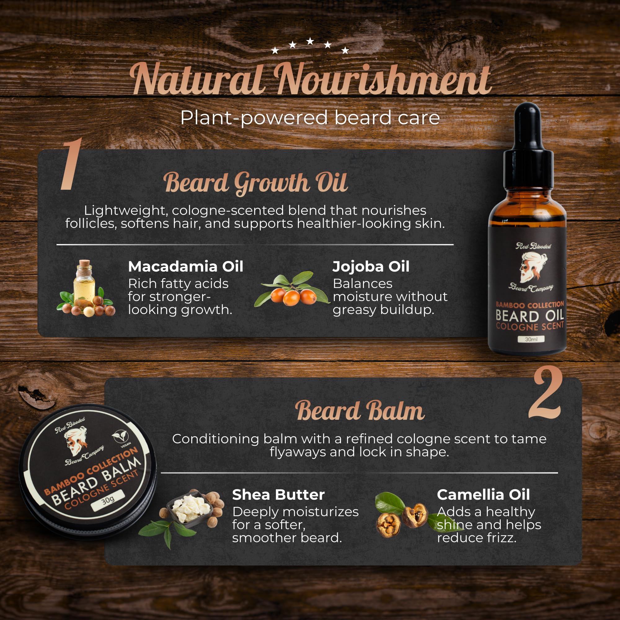 Red-Blooded kit barba hombre con aceite para barba, bálsamo para barba, cepillo para barba, peine para barba y tijeras para barba. Colonia perfumada hecha con aceite de jojoba y aceite de macadamia