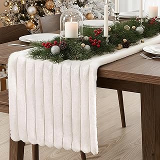 Christmas Table Runner: Faux Fur Table Runner 12 x 72 Inch, Furry Farmhouse Table Runners with Stripe Textured Pattern, Soft Off White Boho Decorations for Home Kitchen Xmas Party Gifts
