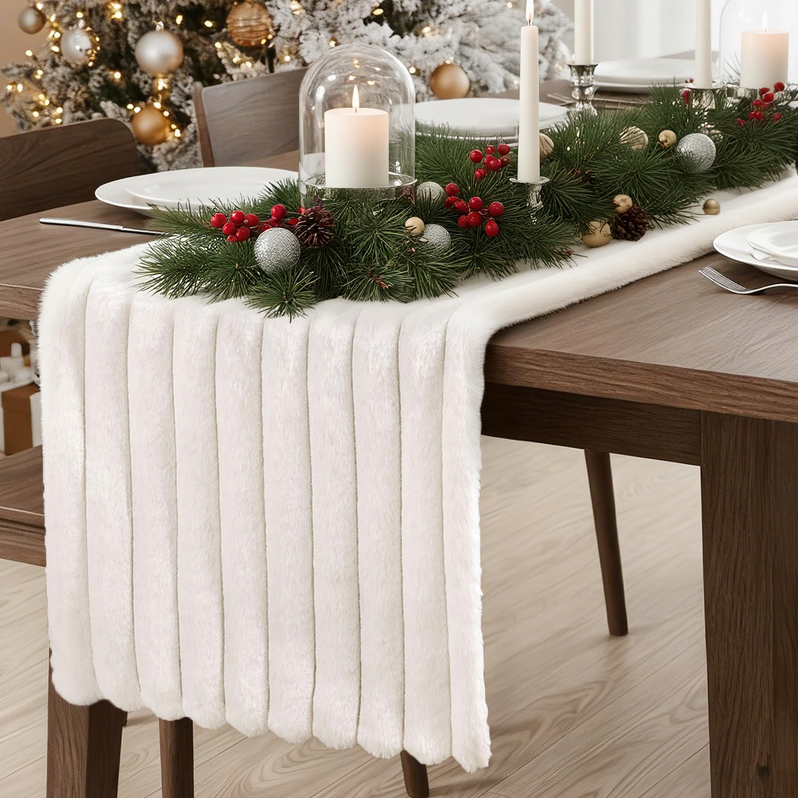 Bunny Chorus Chemin de table en fausse fourrure : 183 cm - Collection de chemins de table à rayures blanches - Style bohème rustique - Décoration de table de Noël - Décoration d'intérieur - Banquet