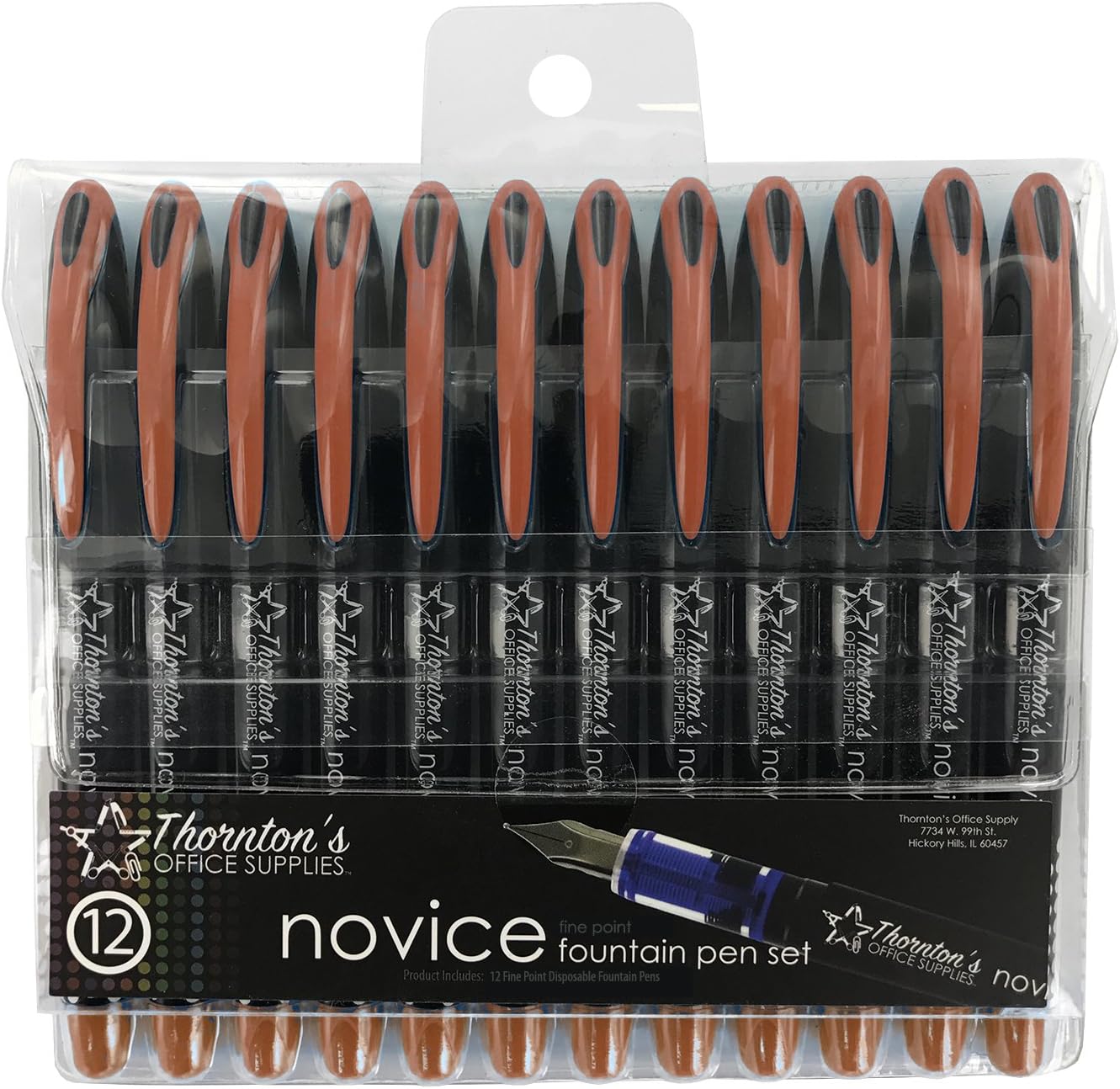 Thornton's Office Supplies Novice Disposable Fine Point Brown Ink Fountain Pens Pack of 12 TOS-DFPBRN12F Journaling and Calligraphy Pen for Smooth Writing - Gift for Beginner Artist