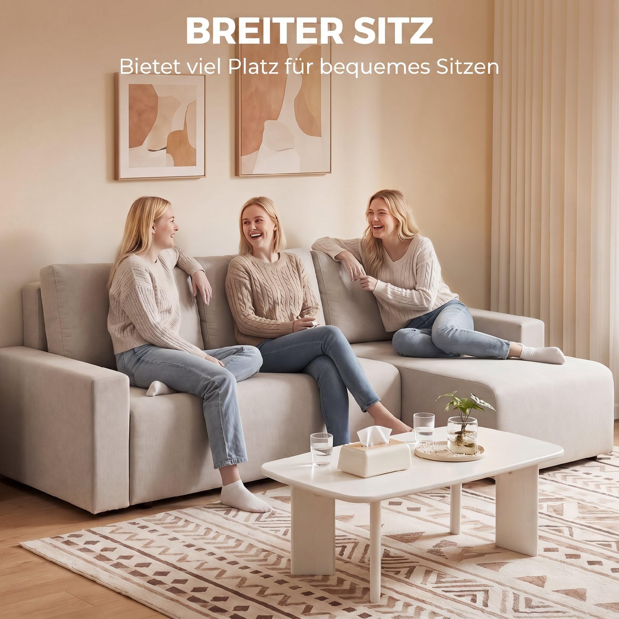 HOMCOM Ecksofa L-Form mit Schlaffunktion Umkehrbarer Chaiselongue Beige | 3-Sitzer Sofa, 2-in-1 Schlafsofa, Veloursbezug, Schlafcouch für Wohnzimmer, Hergestellt in der EU