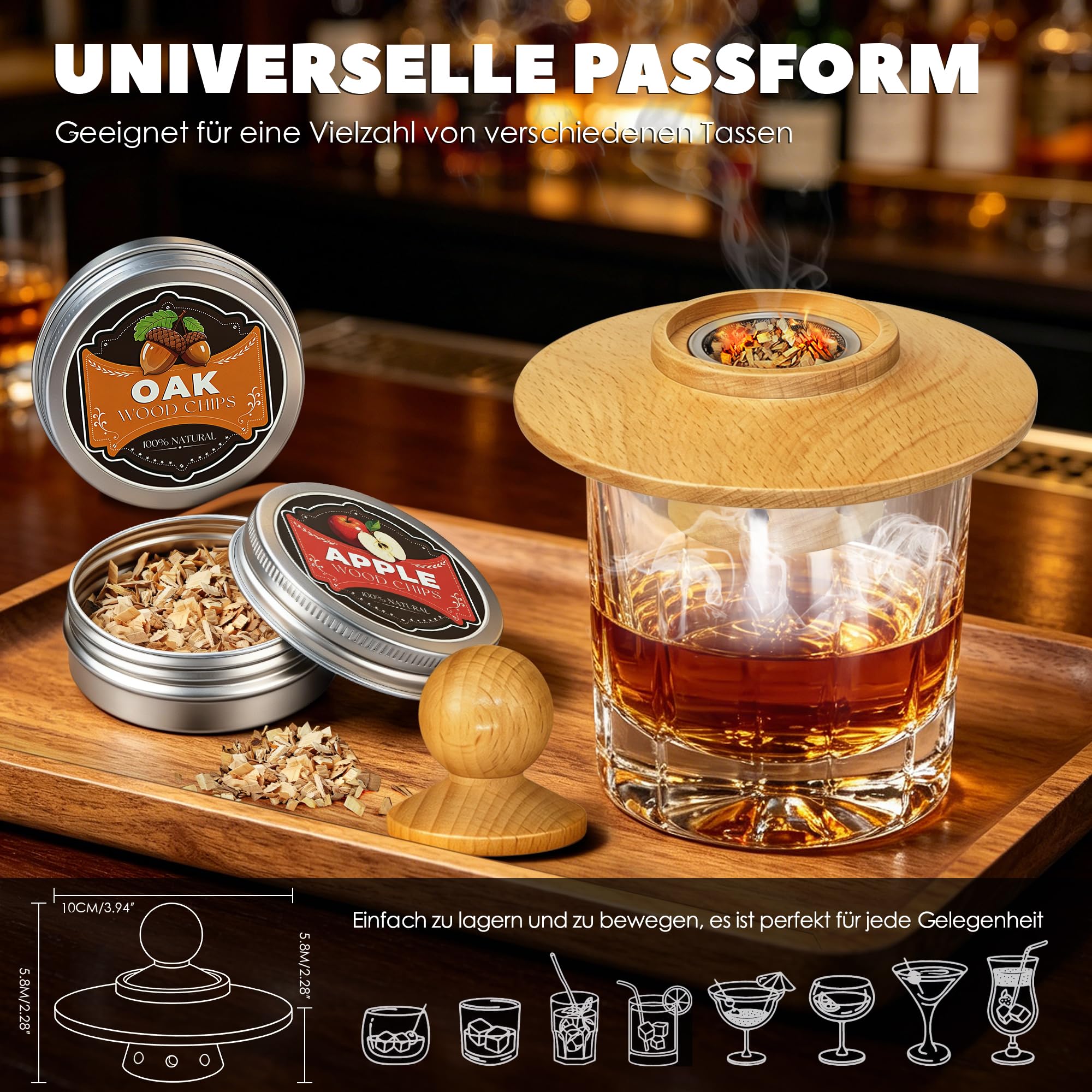Whisky Räucher Set komplett mit Brenner und Holz-4 Geschmacksrichtungen, Cocktail Räucher Set mit Flambierbrenner, Whisky Geschenk für Männer (Feuergerät ohne Gasbutan)