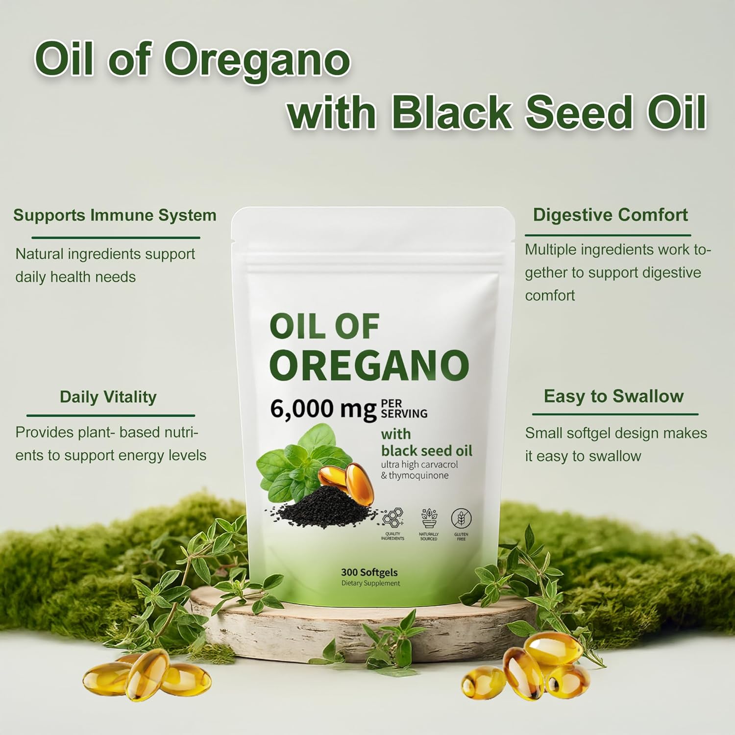Oil of Oregano with Black Seed Oil - Oil of Oregano Capsules, Aceite de Orégano Capsulas, Immune Support, Non-GMO, Gluten Free, 6000MG 300 Softgels