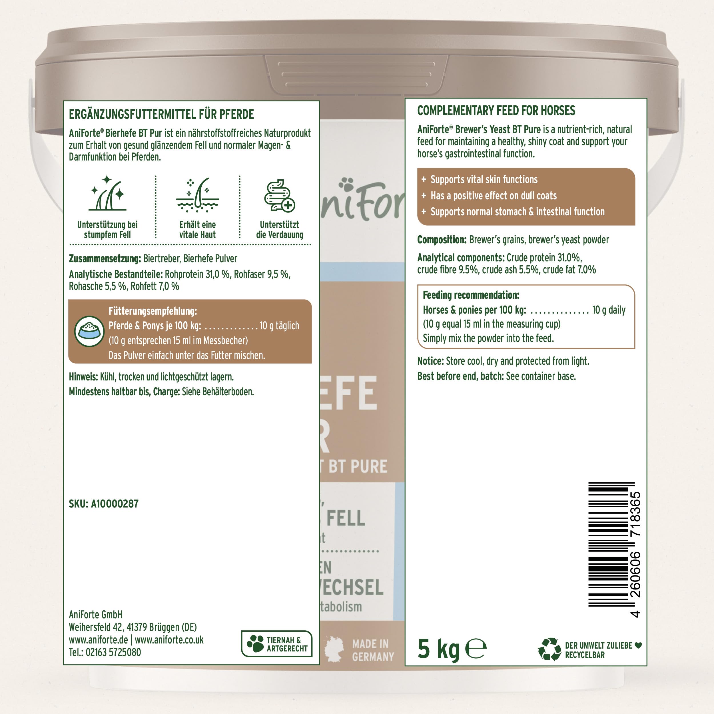 AniForte Bierhefe Pferd 5kg – BT Pur, für glänzendes Fell, Haut & Fell-Stoffwechsel, mit Biotin & Zink, für Magen, Darm & Darmflora, naturbelassen, XXL-Vorrat, auch für Hunde geeignet