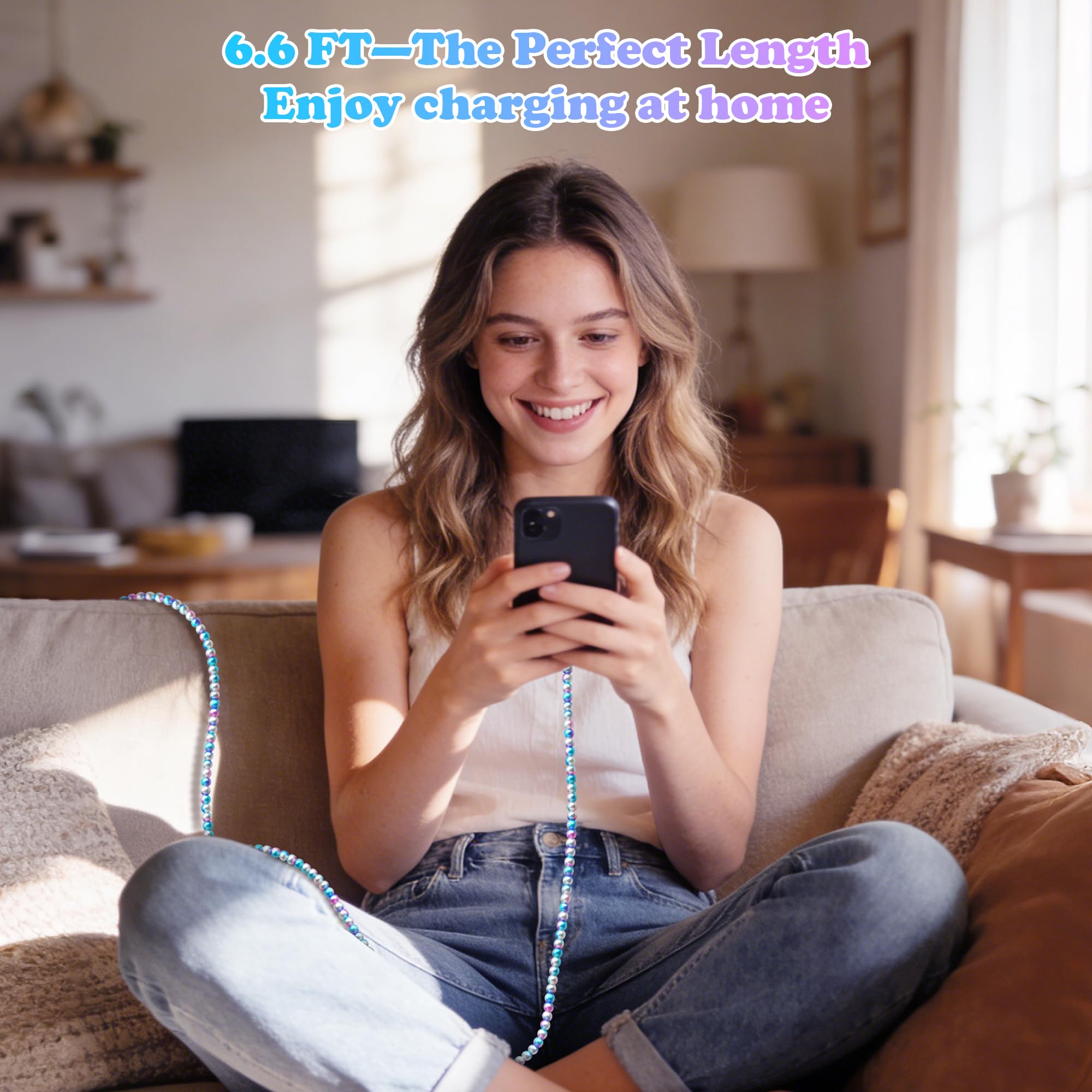USB-C-Ladekabel, Perlen-Ladekabel, 4-in-1, MFi-zertifiziert, 1,8 m, Schnellladekabel, niedliche Perlenapplikation für iPhone 17, 16, 15, 14, 13, 12, 11 Pro Max, für Galaxy S25, S24, S23, S22
