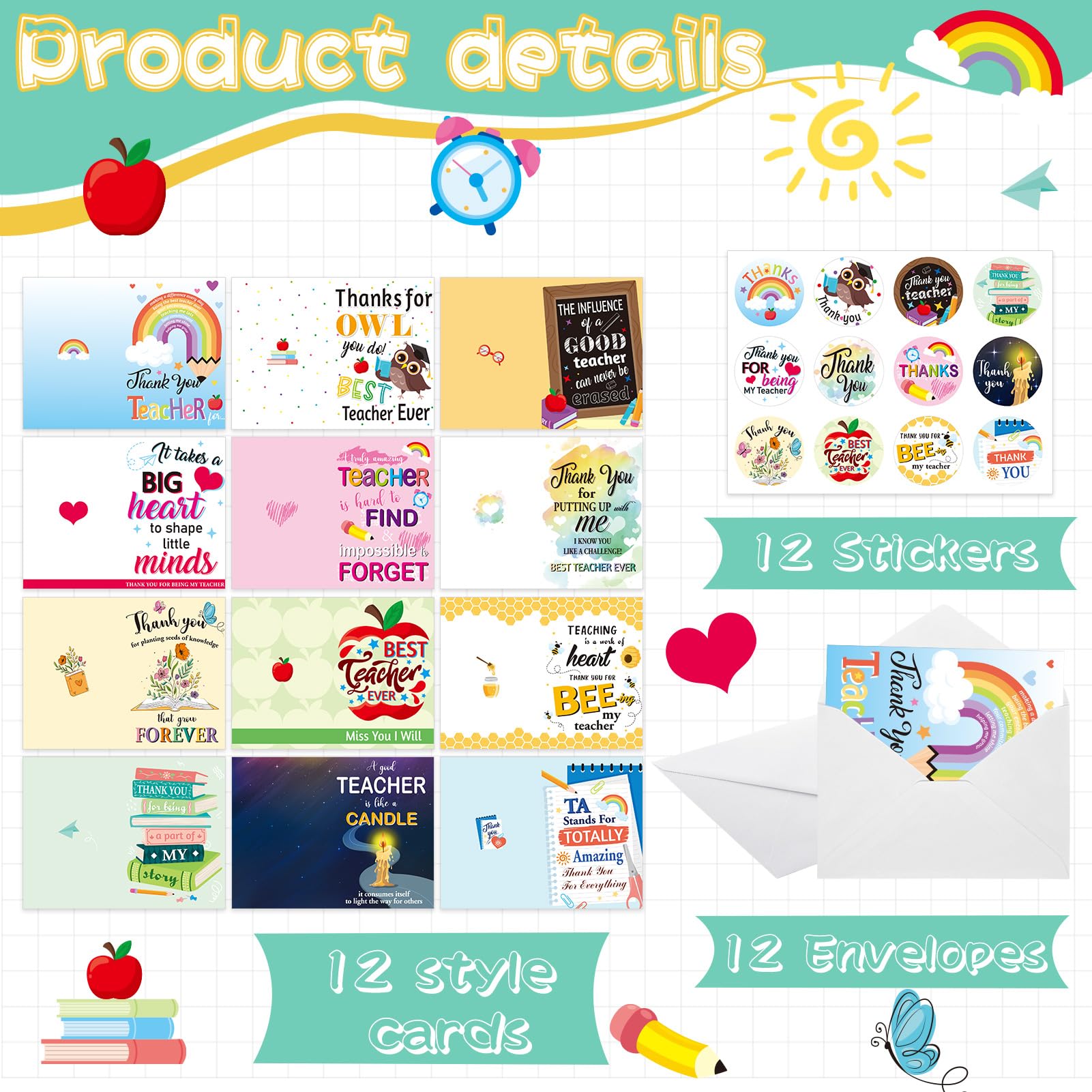 HOWAF 12 Pack Thank You Teacher Cards, Teacher Thank You Cards - Image 3