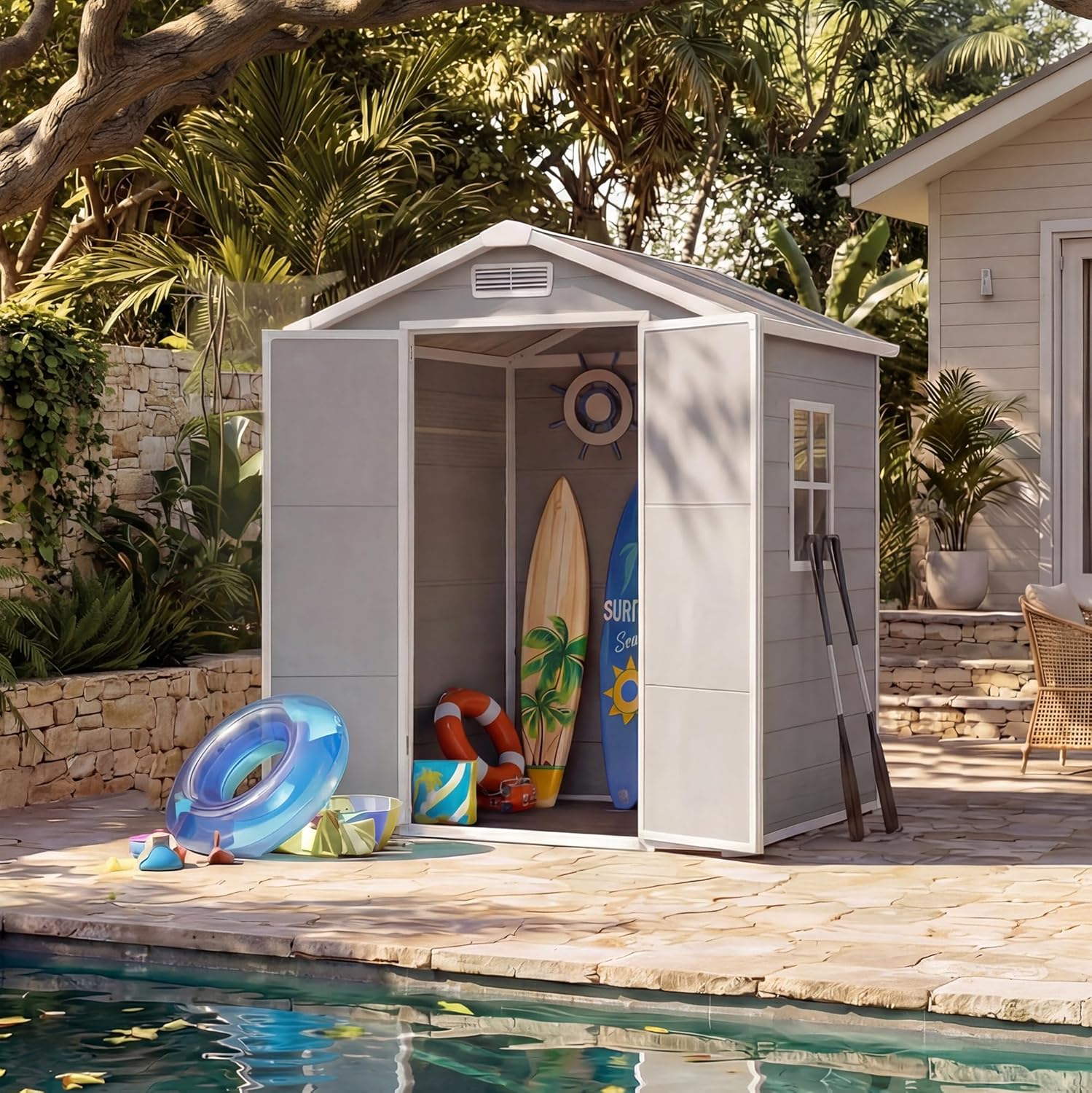 Resin Outdoor Storage Sheds 4x6 ft, Upgraded Double-Wall Outdoor Plastic Shed with Window & Double Doors, Waterproof Lockable Garden Shed (Light Gray, 6 X 4 ft)