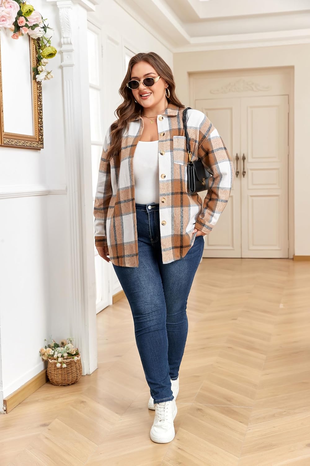Plus Size Plaid Shacket Jacket for Women Long Sleeve Button Down Blouses Flannel Shirts Casual Coats XL-5XL - Image 6