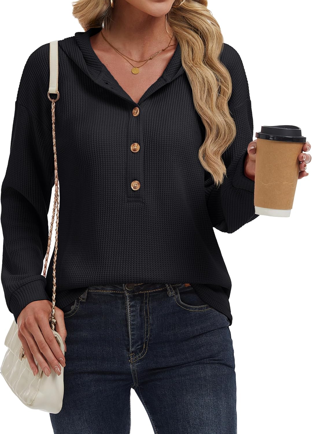 YUCOLEN Womens Waffle Shirt Trendy Cotton Waffle Knit Hoodies Oversized Sweatshirt Casual Waffle Knit Top - Image 4