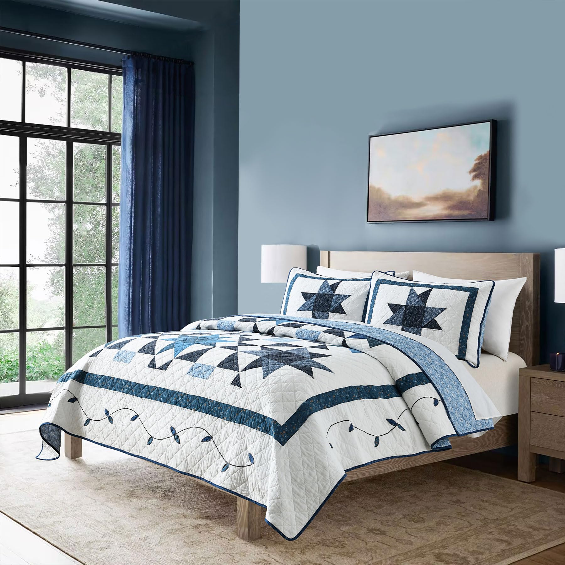 Secgo Handmade Quilted 100% Cotton King Comforter Set for Bed - 100% Cotton Quilts King Size, Black Bedspreads (96 * 108 Inch) with 2 Pillow Shams, Patchwork Reversible Lightweight Bedding