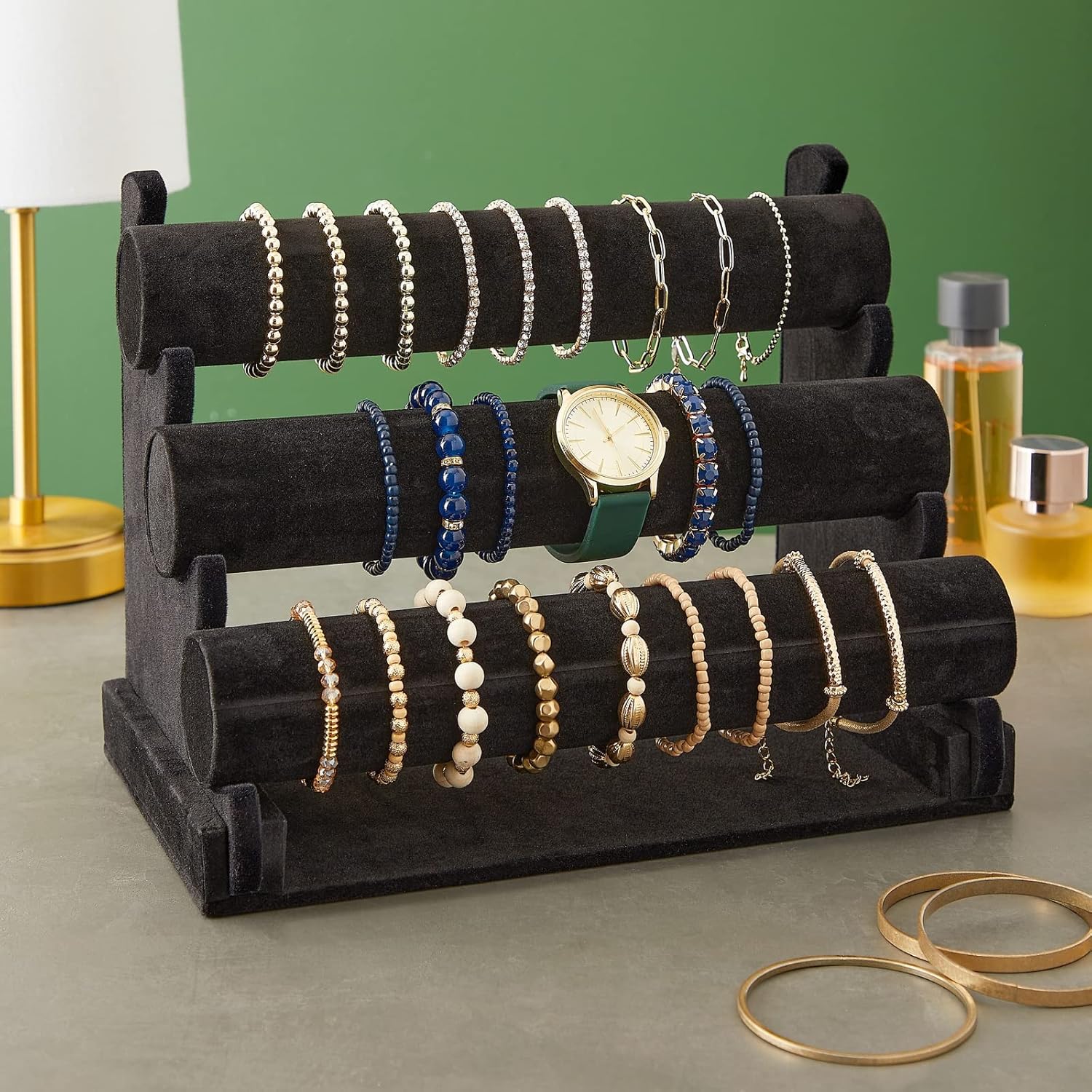 Juvale 3-Tier Velvet Bracelet Holder Stand - Soft Velvet Jewelry Organizer & Display - Secure Detachable Multi-Tier Bracelet Storage - Compact Necklace Holder & Bangle Rack - Black, 12 x 9 x 7 in
