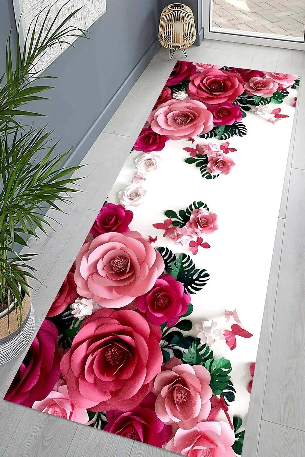 Pelangi Gül Desenli Dijital Baskı Yıkanabilir Kaymaz Taban Vintage Salon Halısı ve Yolluk (Gri), Pembe-Beyaz 100 x 350, 95541301003507