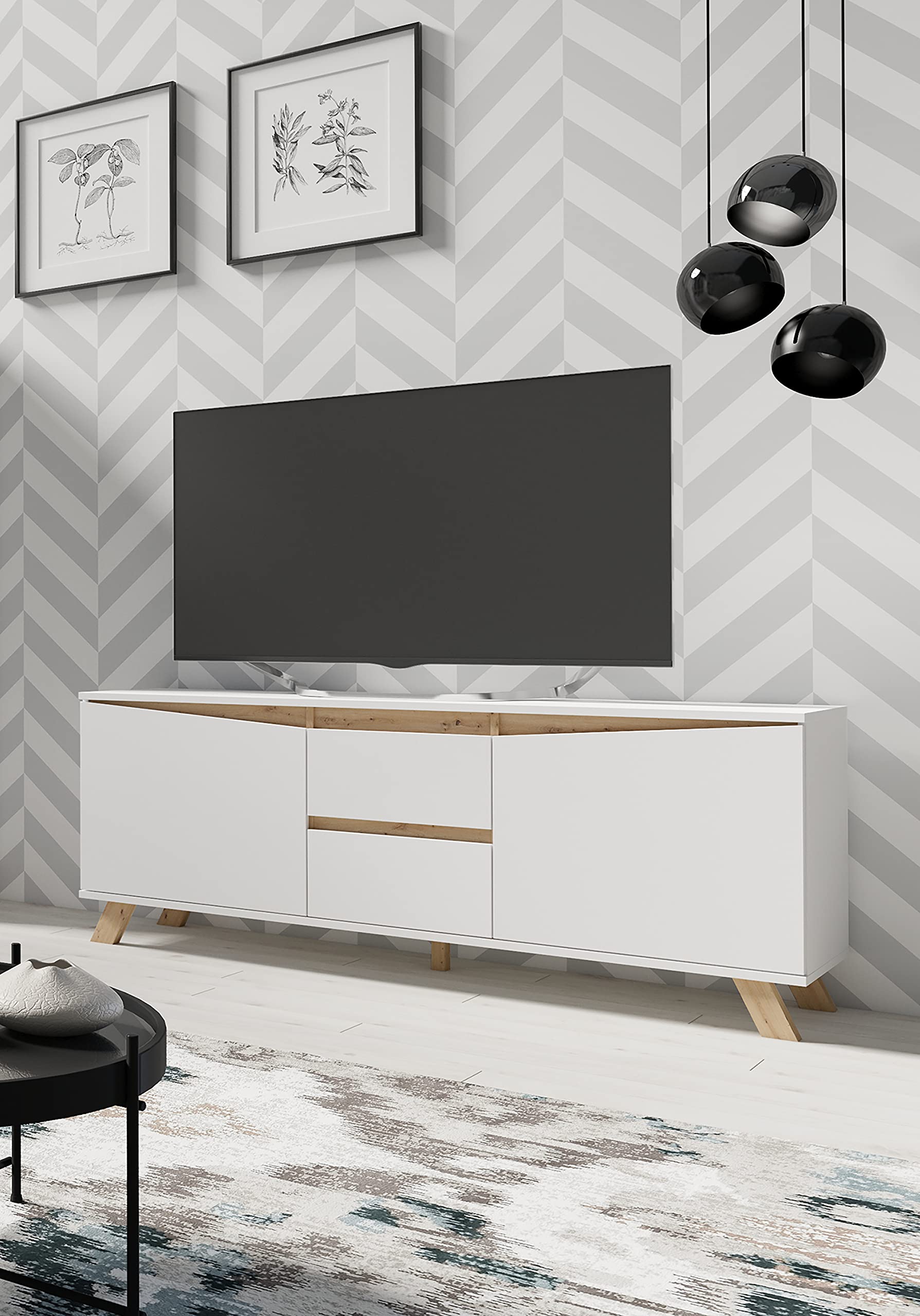 byLIVING TV-Board Valentin, Fernsehtisch mit 2 Türen und 2 Schubkästen | Lowboard matt weiß mit Absetzung in Eiche-Optik, Fernsehschrank im Scandi-Style, Grifflos, B 160, H 60, T 38 cm