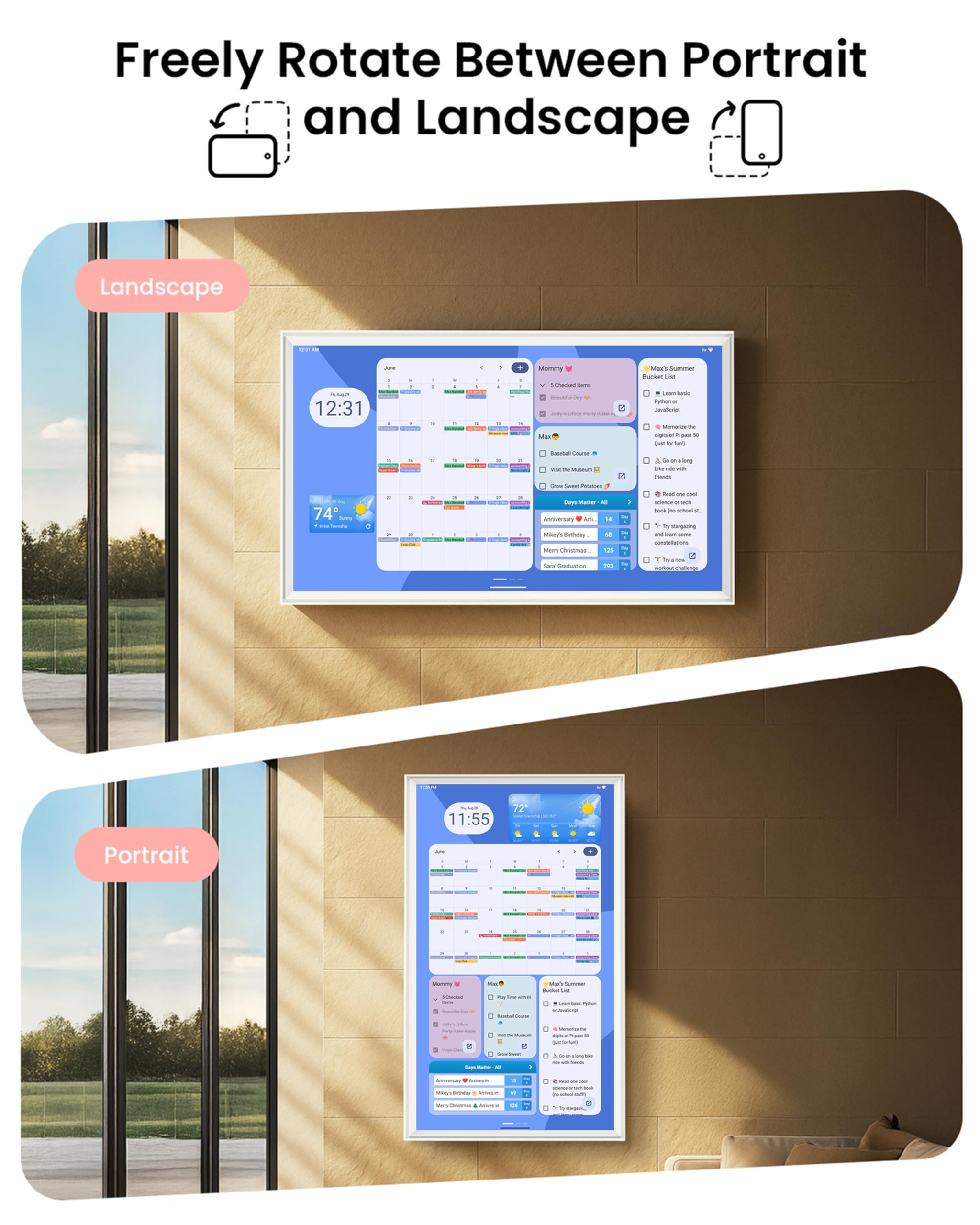 Digitaler Kalender Pro: 61 cm (24 Zoll) Wand-Touchscreen-Aufgabendiagramm zum Anpassen von Dashboard, Android-Tablet, intelligenter Kalender, digitaler Kalender für Familie, Mahlzeitenplaner
