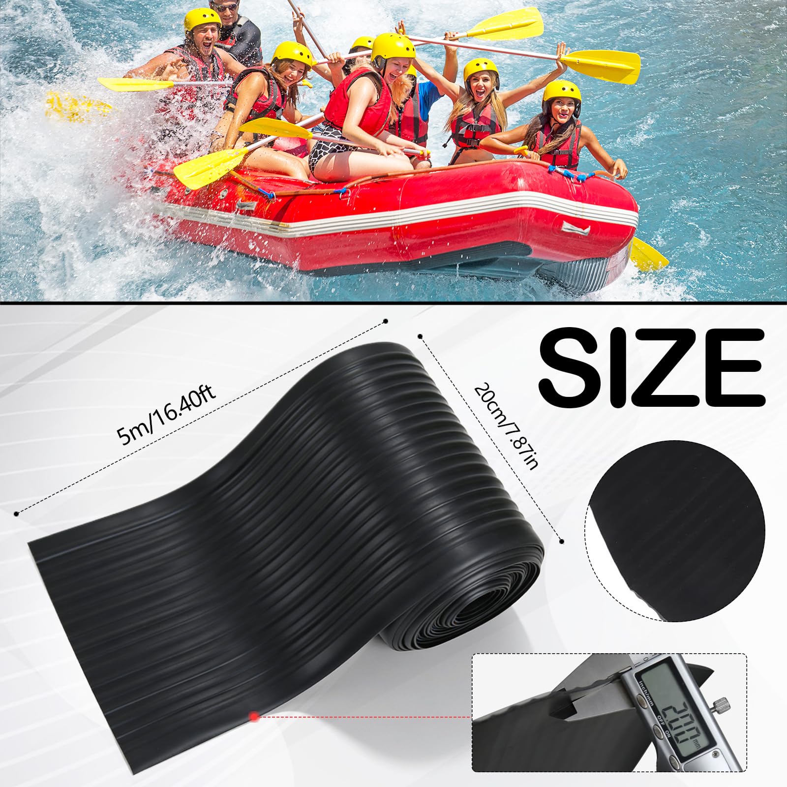 Gummi Schutzstreifen für Kajaks, 5 m x 20 cm Schlauchboot Verschleißstreifen Schwarz Pannenschutz Kaischutz Bootsgummiband für Kajaks Kanus Schlauchboote Schnellboote