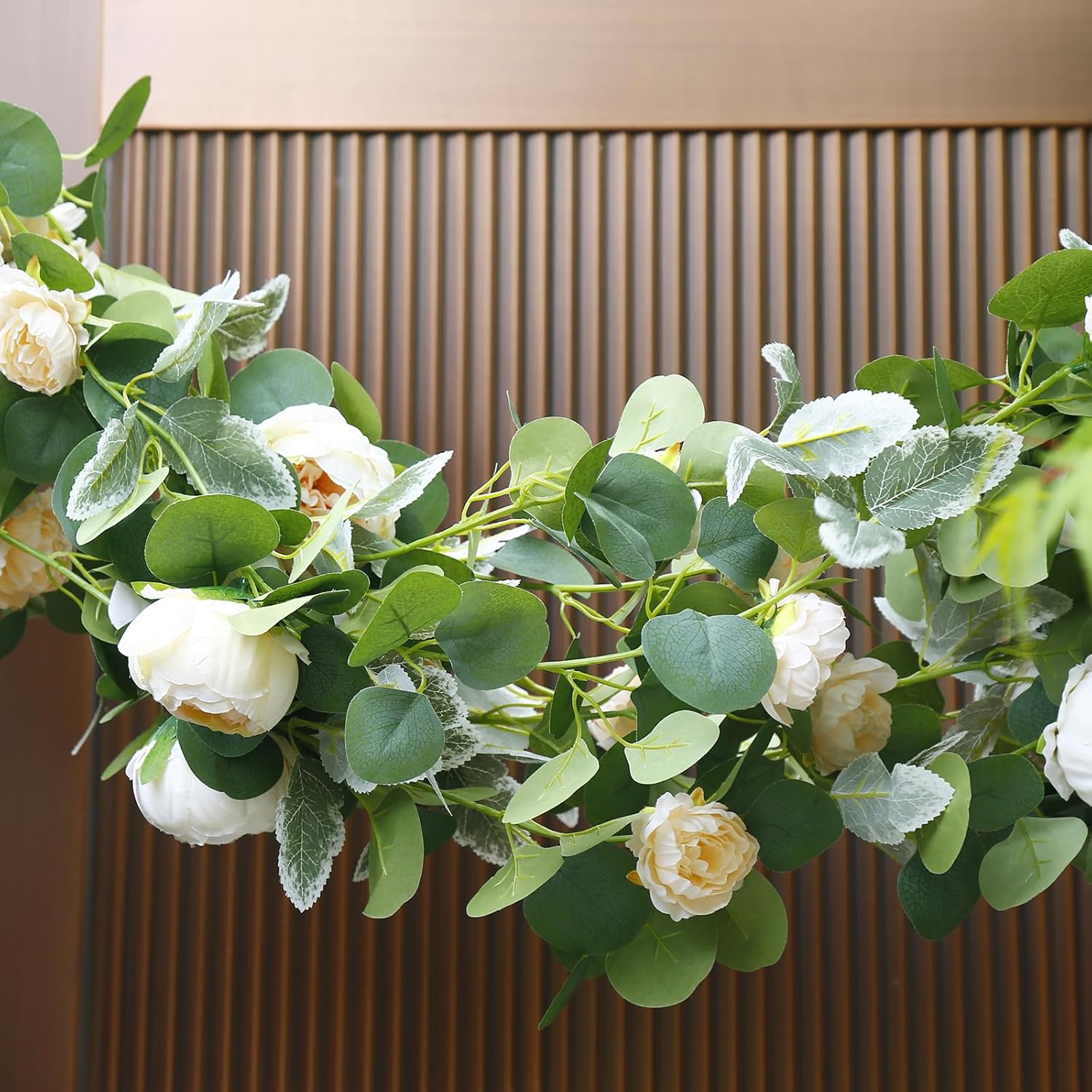 6Pcs 35.4Ft Peony Garland Artificial Flowers Faux Eucalyptus Garland with Flowers Vine Greenery Garland for Table Wedding Arch Hanging Home Decor Wall Backdrop Party (Champagne)