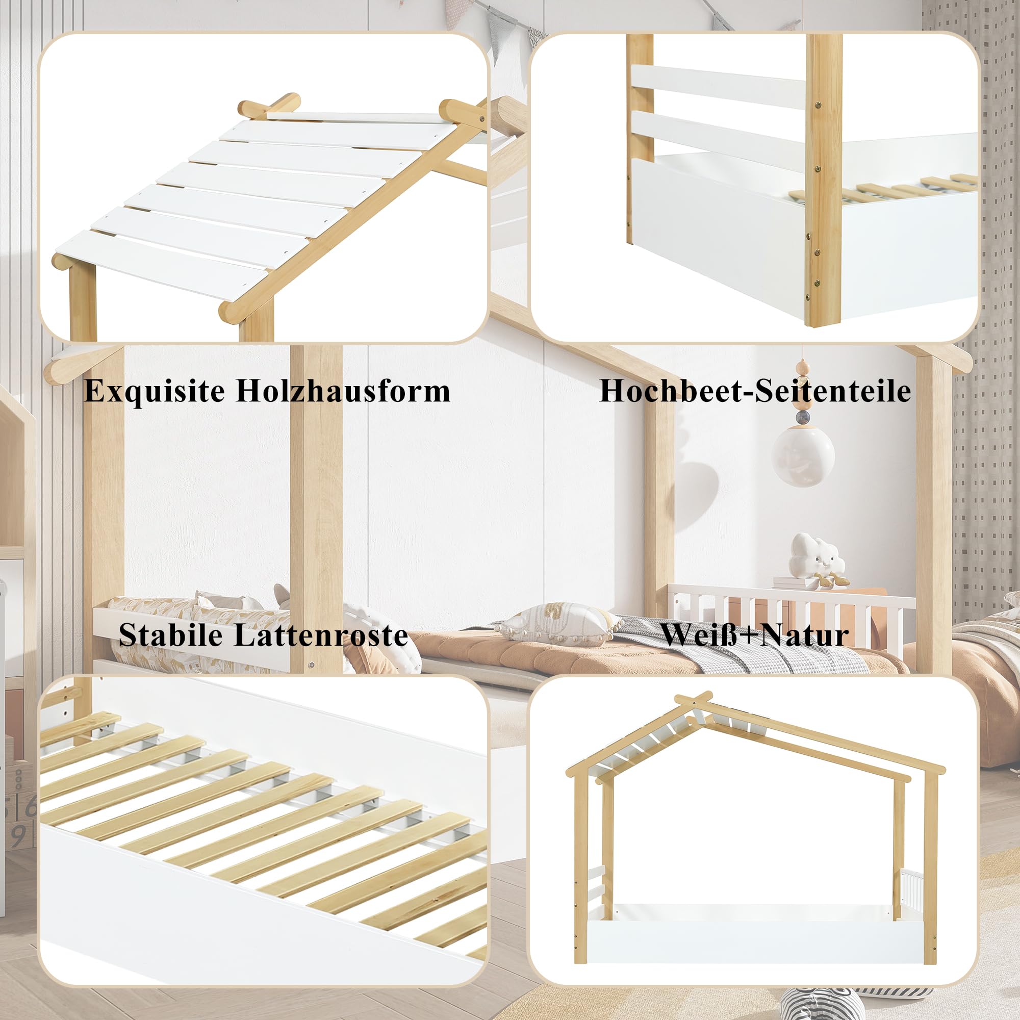 Lits en Bois, Lit d'enfant, Lit Individuel, Exquise Conception en Bois, Stable Lattenroste, Design Schlichtes, Pinier + Spanplatte + MDF, Weiß+Natur, 90x200cm