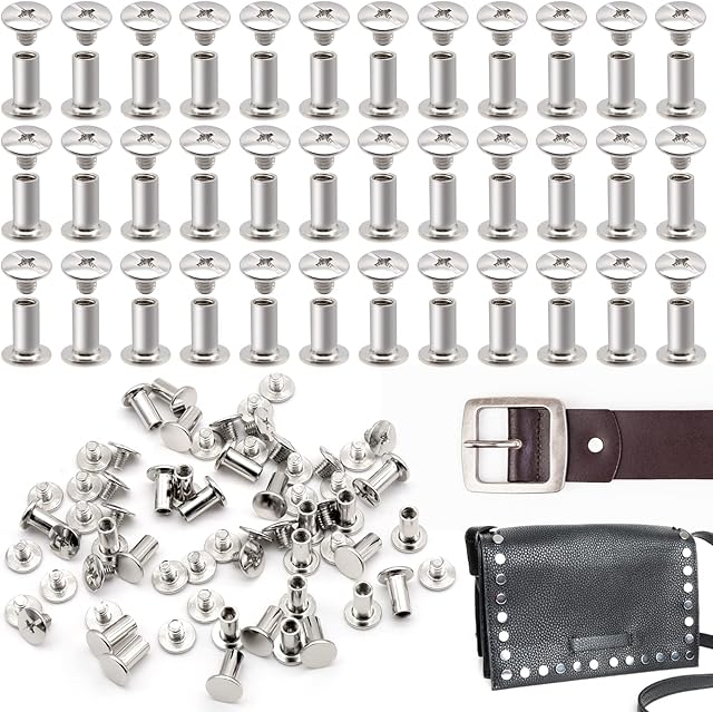 100 Sets Chicago Screws Assorted Kit Stainless Steel Binding Screw Nail Rivet Chicago Button Flat Head Fastener Round Flat Head Stud Screw for DIY Leather Decoration Bookbinding (Silver)