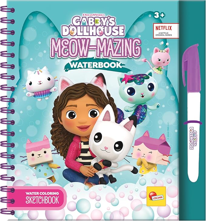 Lisciani - LA CASA DE MUÑECAS DE GABBY - Libro mágico para colorear con agua MEOW-MAZING Para niños a partir de 3 años - Libro de 12 páginas con bolígrafo de agua - Actividad manual - GABBY DOLLHOUSE
