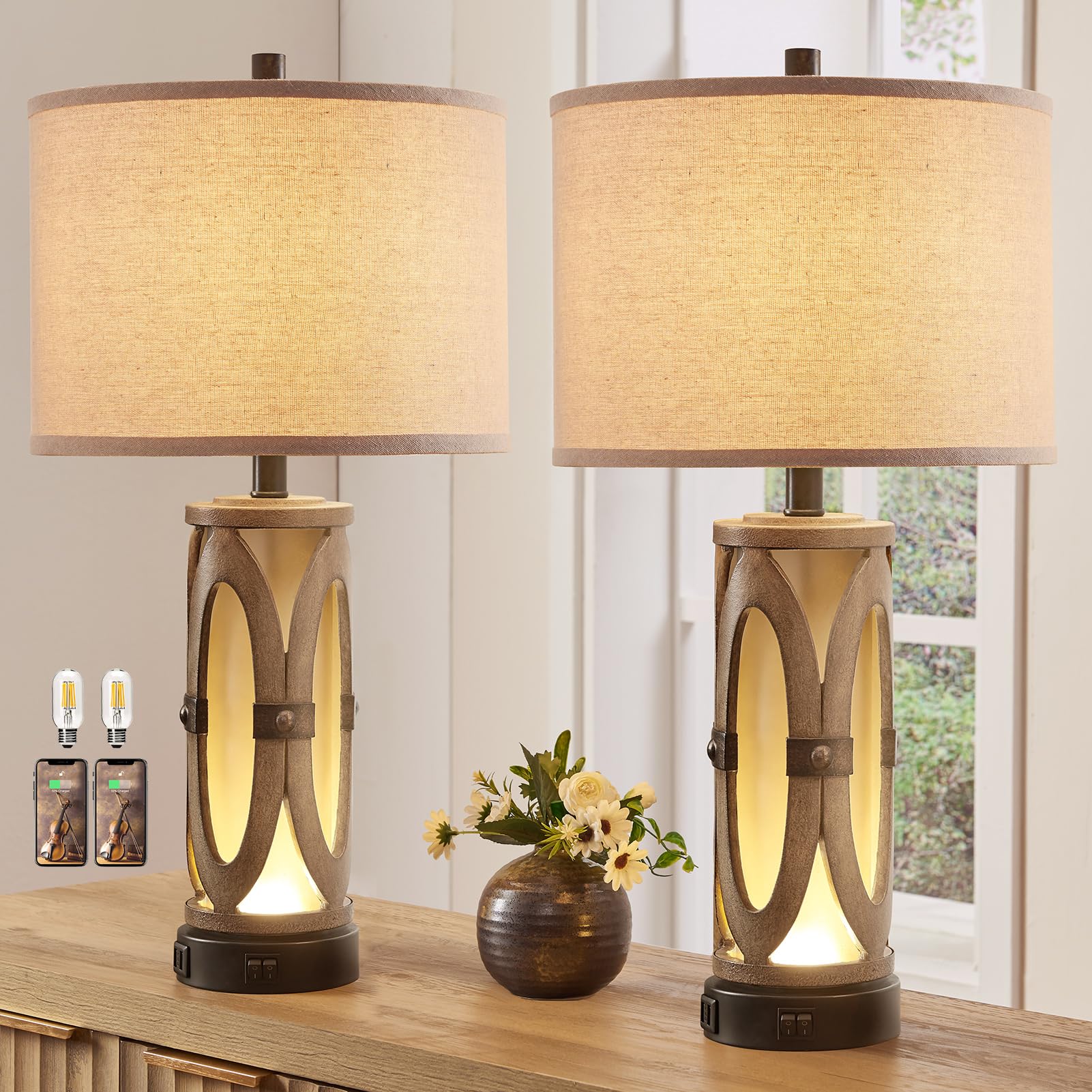 AIEAMPDO Table Lamps Set of 2 for Living Room, Rustic Farmhouse Bedroom ...