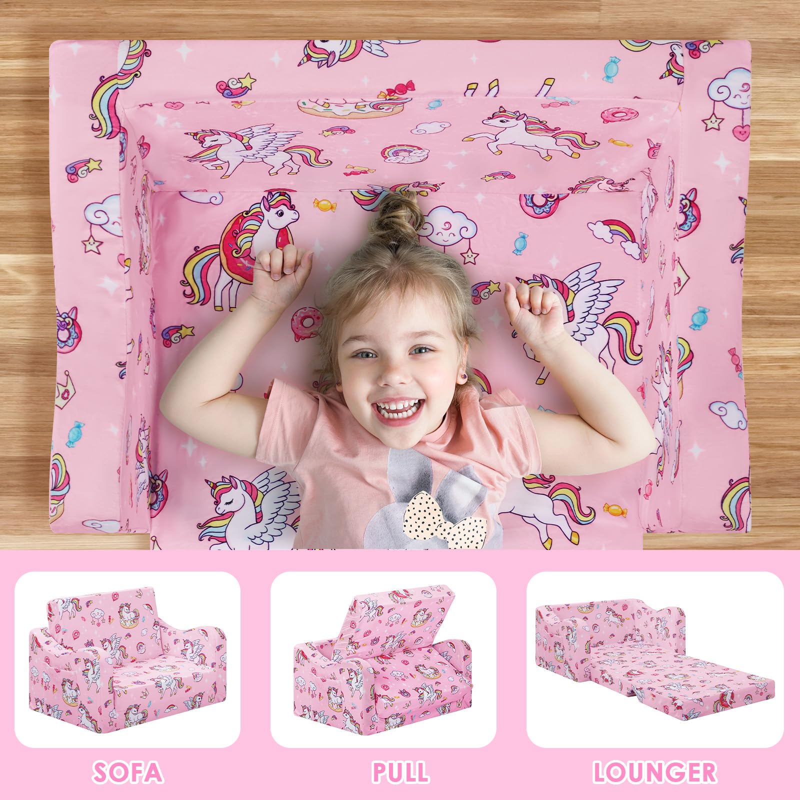 Convertible Canapé pour Enfants, Pliant Sofa Bed 2 en 1 pour Filles et Garçons, Petit Canapé Lit Stable pour Chambre Coin Lecture Salon,Rose Licornes Bonbons