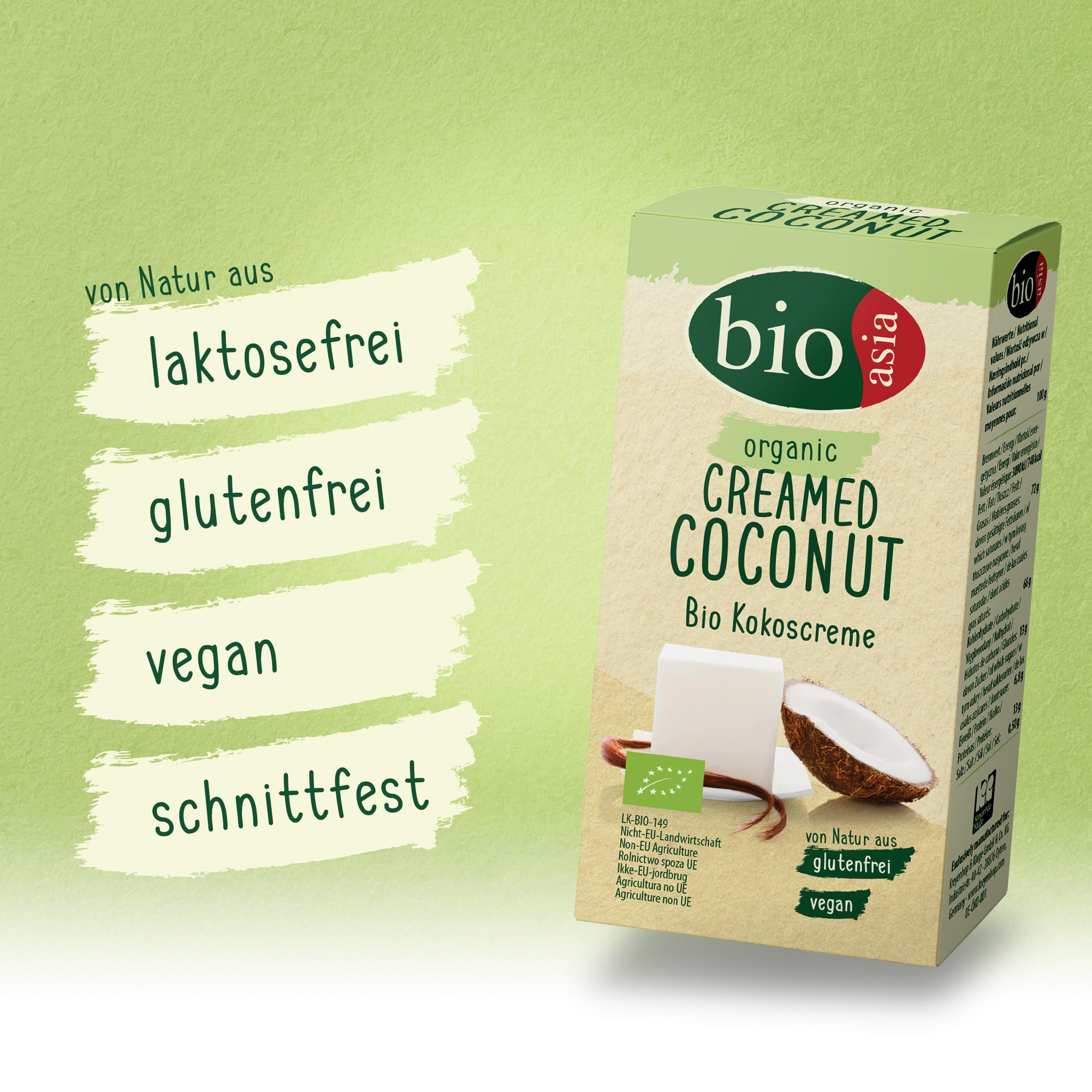 BIOASIA Bio Kokosnusscreme im Block, schnittfest, 100% Kokosnuss, vegan, halal, glutenfrei (10 x 200 g)