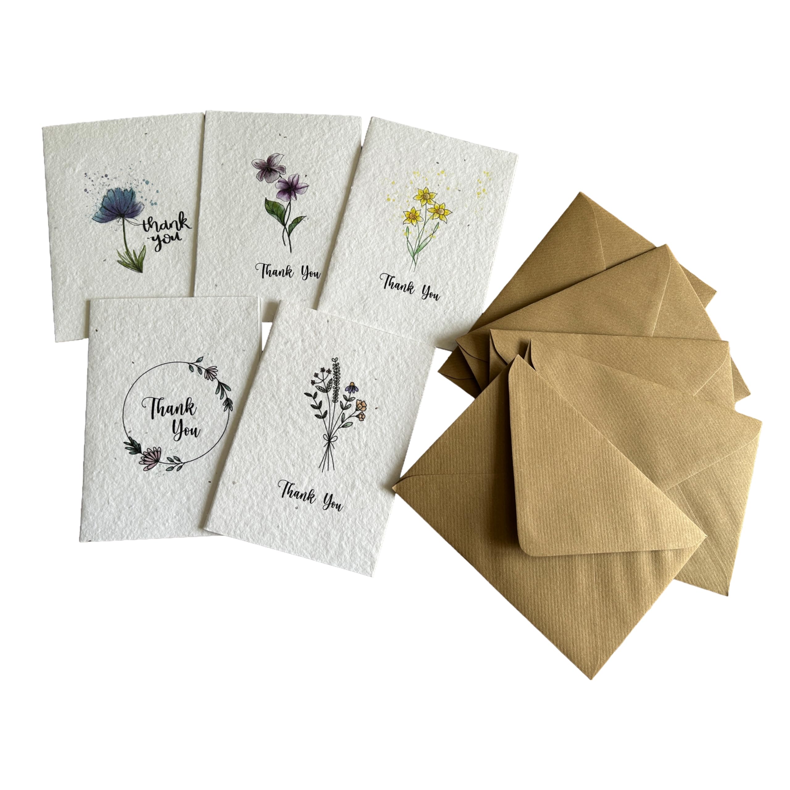 Seeded Thank You Cards Multipack (Pack of 5) โ Handmade Wildflower Seed Paper Greeting Cards with Kraft Envelopes โ Floral Cards for Weddings, Baby Showers, Teachers