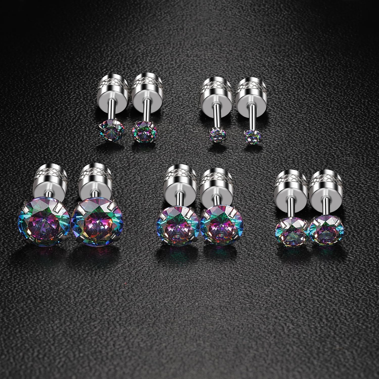 VOLUKA Titanium Flat Back Earrings - Pack of Surgical Stainless Steel Round Square Princess Cut CZ Screw Back Stud For Women Men Hypoallergenic Cubic Zirconia Earrings - Image 2