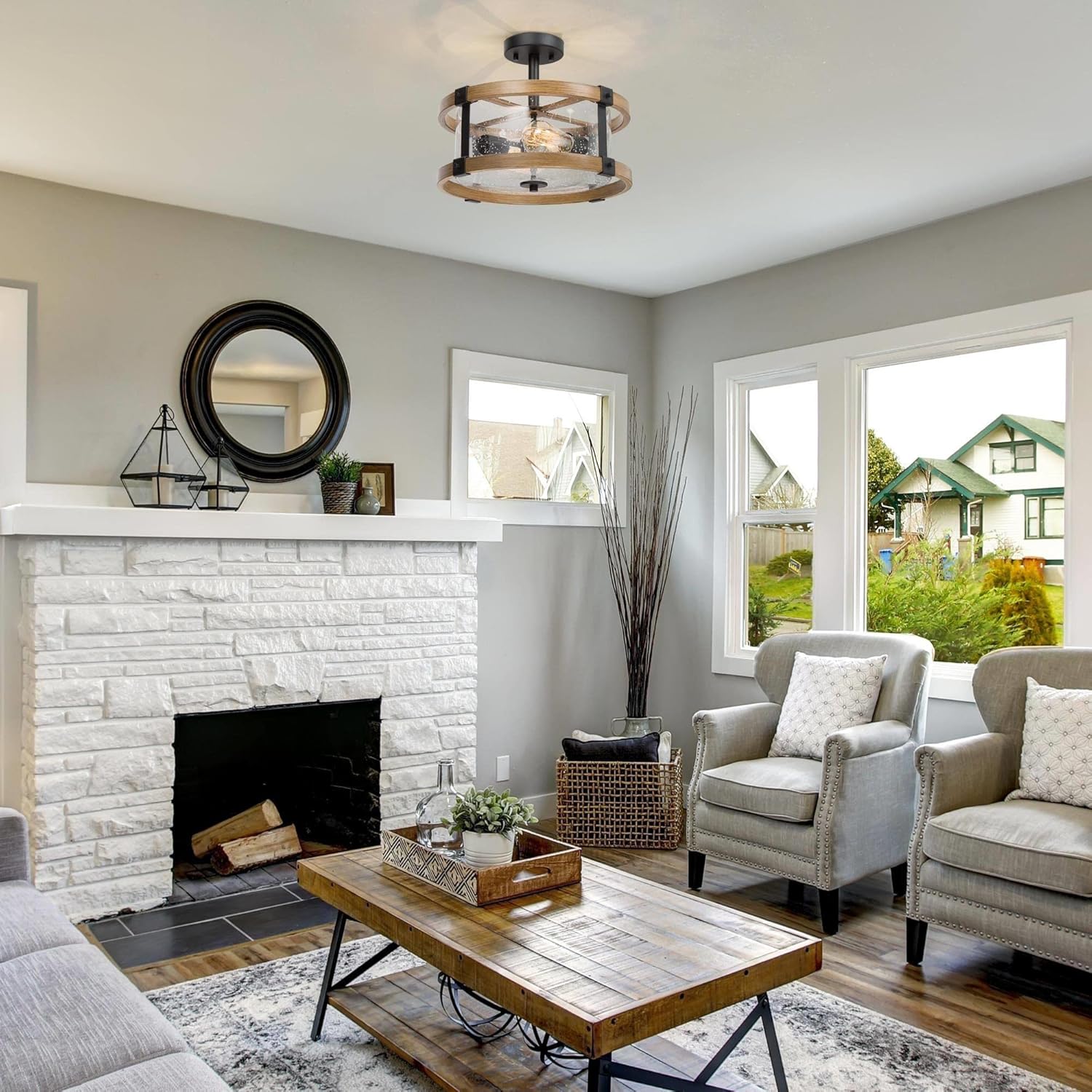 LALUZ Faux Wood Semi Flush Mount Ceiling Light, Farmhouse Close to Ceiling Light Fixture with Seeded Glass Shade for Hallway, Bedroom, Kitchen, Foyer and Dining Room(15.4”* 15.4”* 11”)