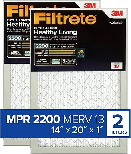Filtrete 14x20x1 AC Furnace Air Filter, MERV 13, MPR 2200, Elite Allergen, Bacteria & Virus Filter, 3-Month Pleated 1-Inch Electrostatic Air