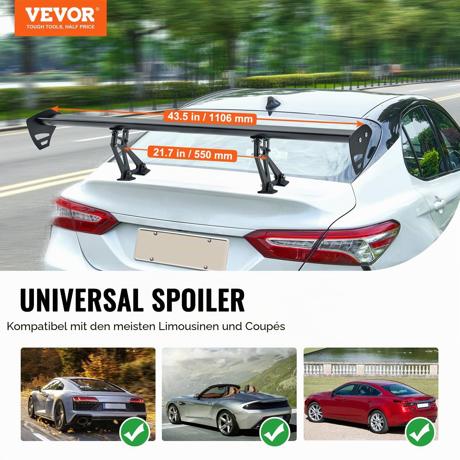 VEVOR GT Wing Autospoiler, 43,3 Zoll Universalspoiler mit Einzeldeck, verstellbares leichtes Aluminium, Auto-Heckspoilerflügel, Rennspoiler BGW/JDM Drift Schwarz