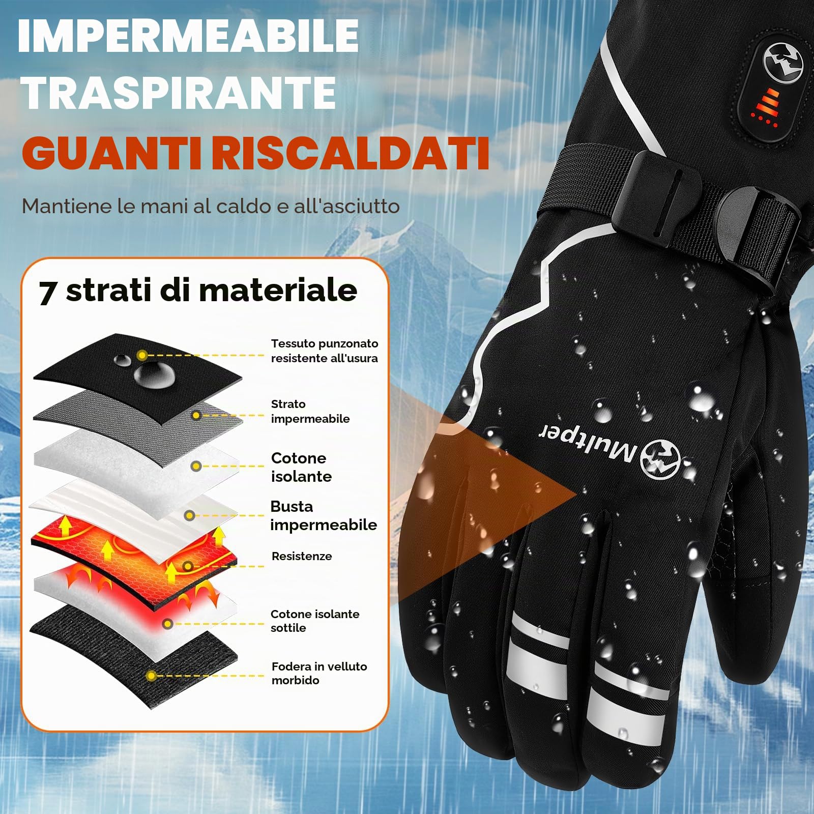 Multper Guanti Riscaldati per Uomini Donne, 7.4 V 3000 mAh × 2, 3 Temperatura Regolabile, Guanti Bici Uomo con Touchscreen Impermeabile Antivento, per Sport Invernali, Sci e Motociclismo