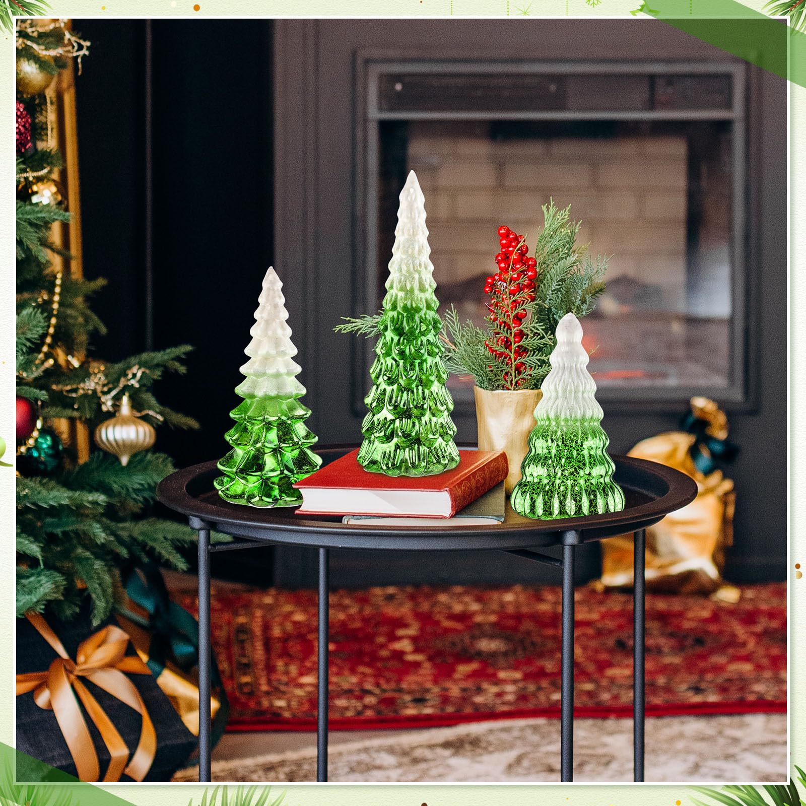 Funnymoom Confezione da 3 decorazioni per alberi di Natale in vetro sfumate illuminate con neve e glitter, regalo per casa, soggiorno, camino, tavolo, mantello, vacanze (verde)