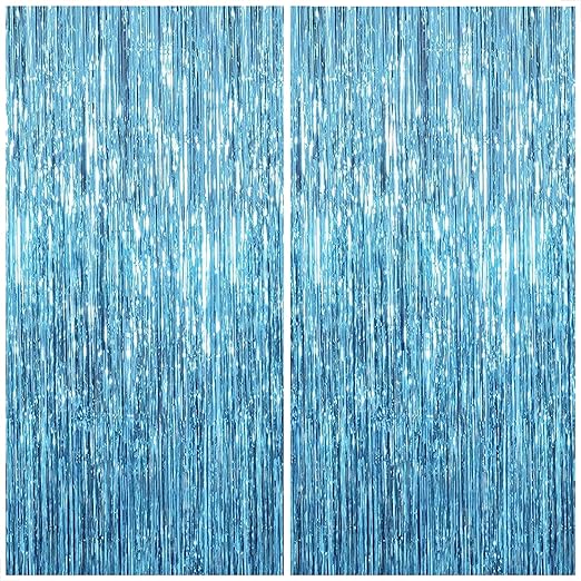 KatchOn, XtraLarge, Blue Foil Fringe Curtain - 8x3.2 Feet, Pack of 2 | Blue Backdrop Curtain for Under The Sea Party Decorations | Ocean Backdrop for Mermaid Birthday Decorations