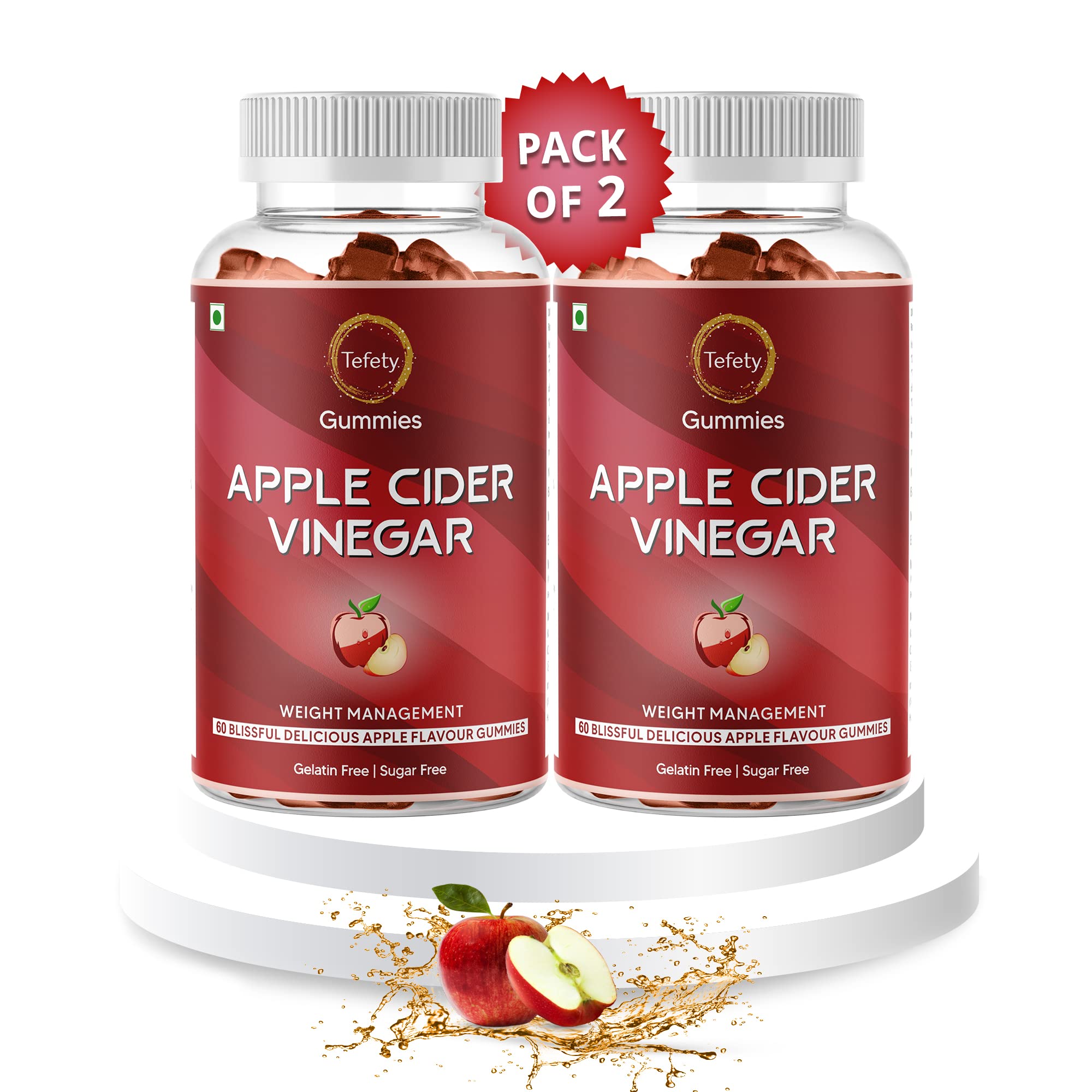 Tefety Natural Sugar Free Apple Flavor Apple Cider Vinegar Gummies for Weight Loss, Energy Boost & Gut Health - Supports Digestion, (Apple Cider (Pack of 3))